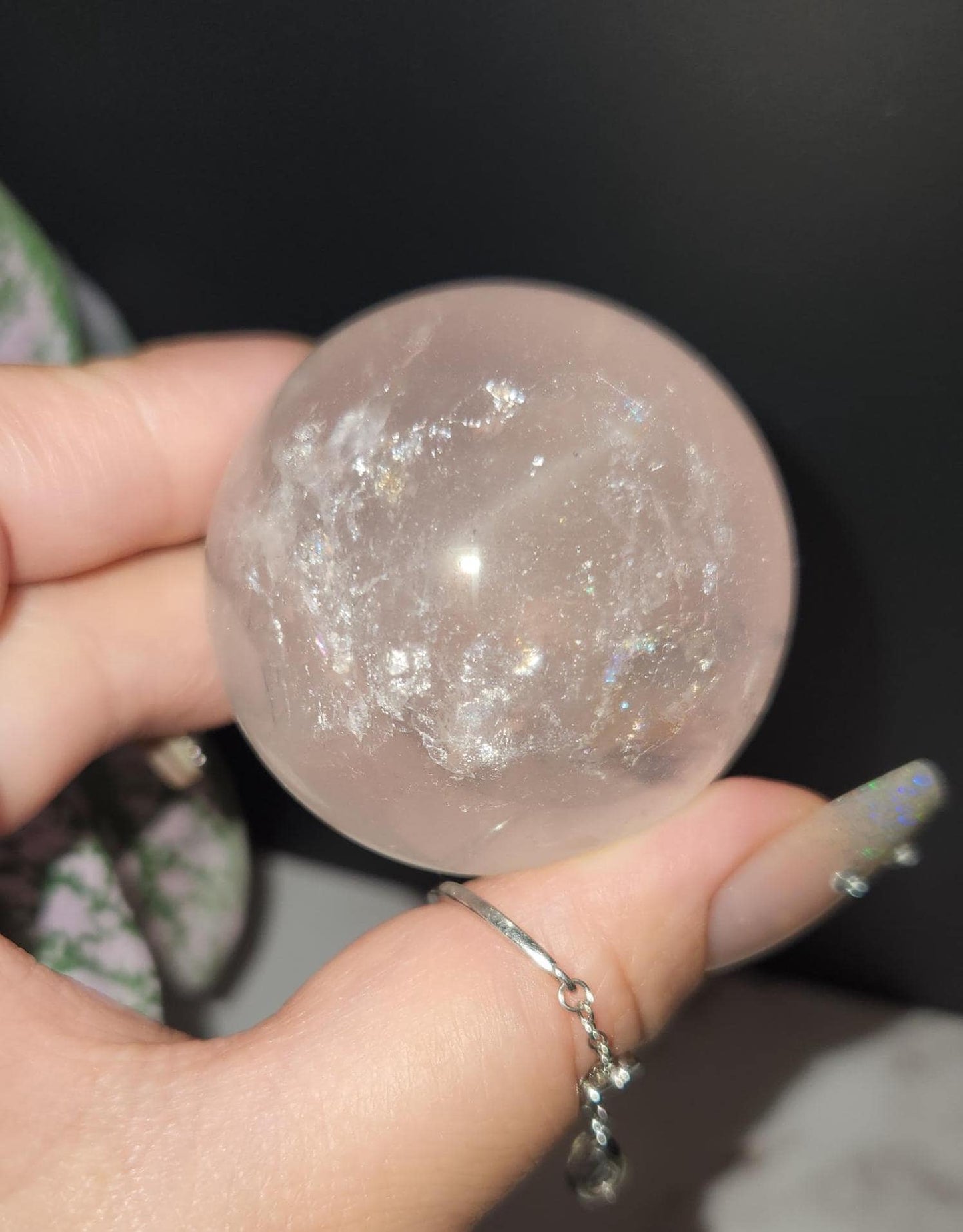 High quality 6 star rose quartz sphere with rainbows and asterism from Mozambique W36 R8