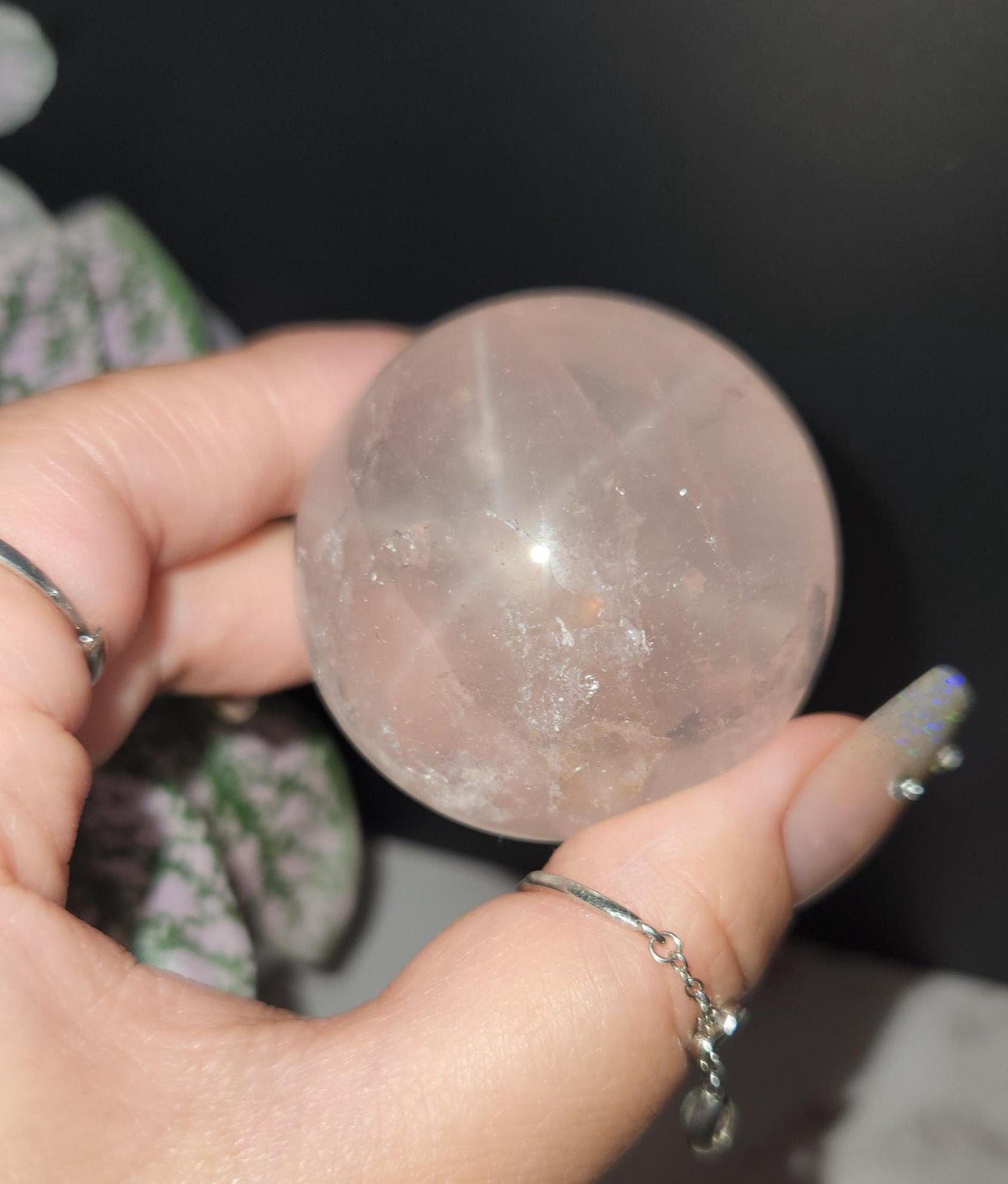 High quality 6 star rose quartz sphere with rainbows and asterism from Mozambique W36 R8