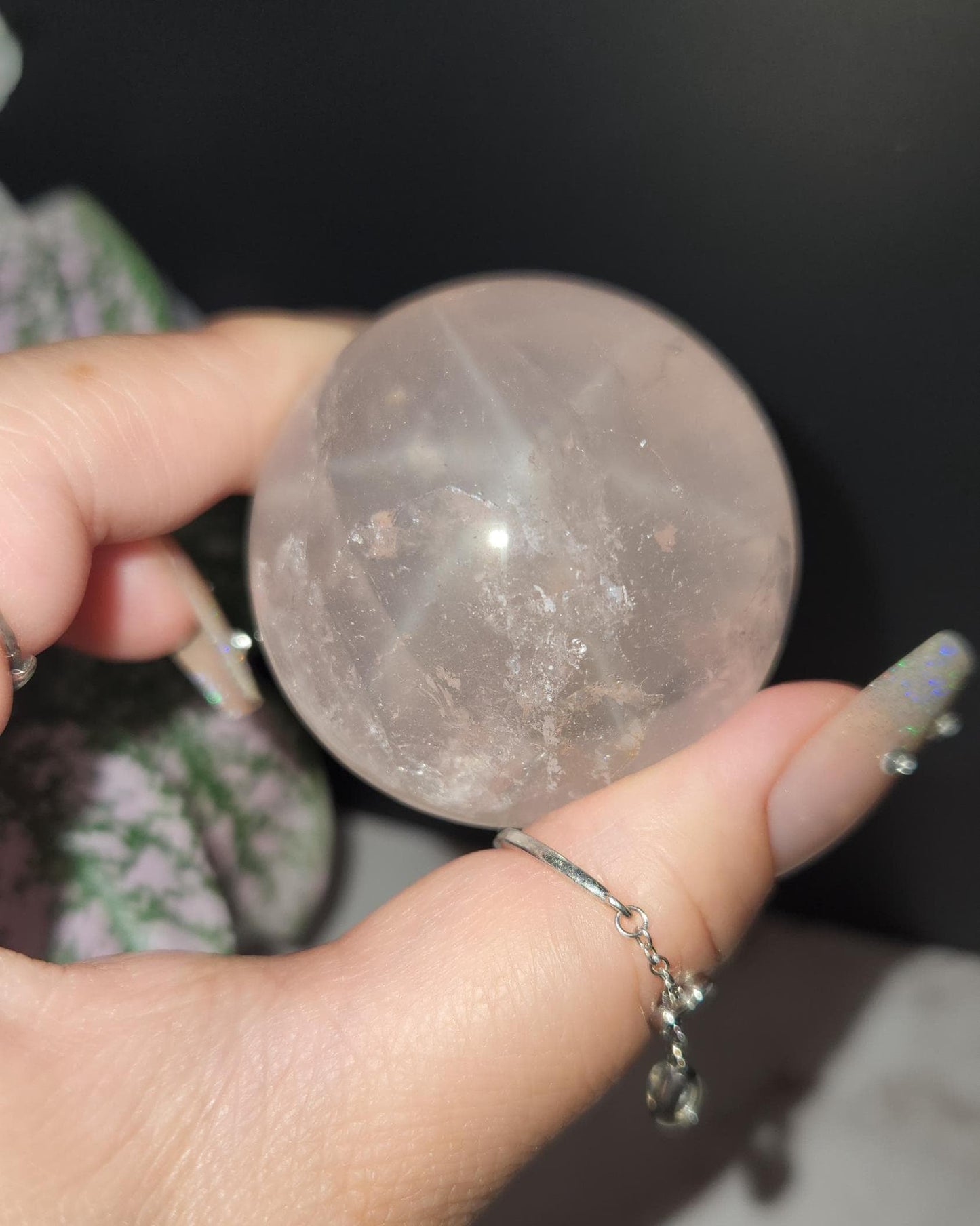 High quality 6 star rose quartz sphere with rainbows and asterism from Mozambique W36 R8