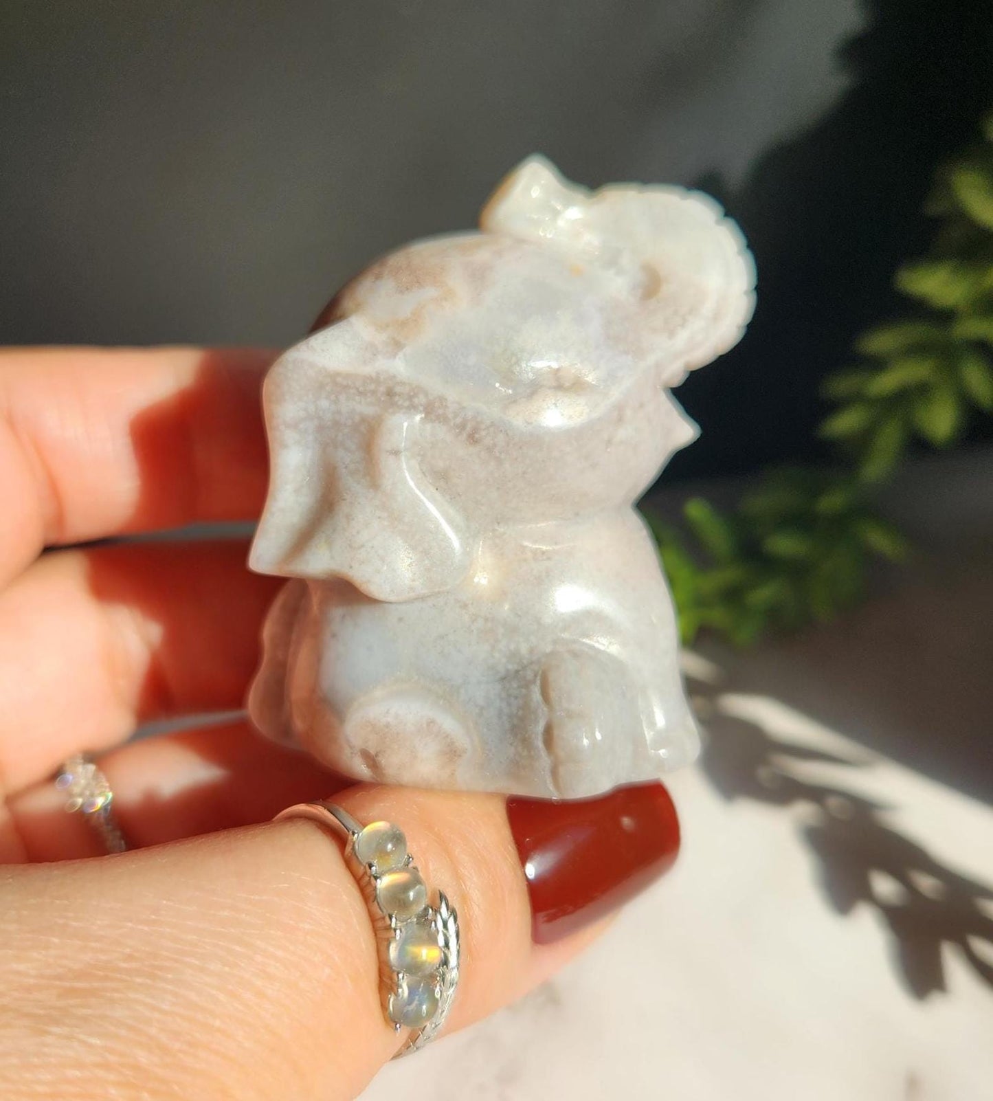 Beautiful happy hand carved pink amethyst flower agate elephant, natural
