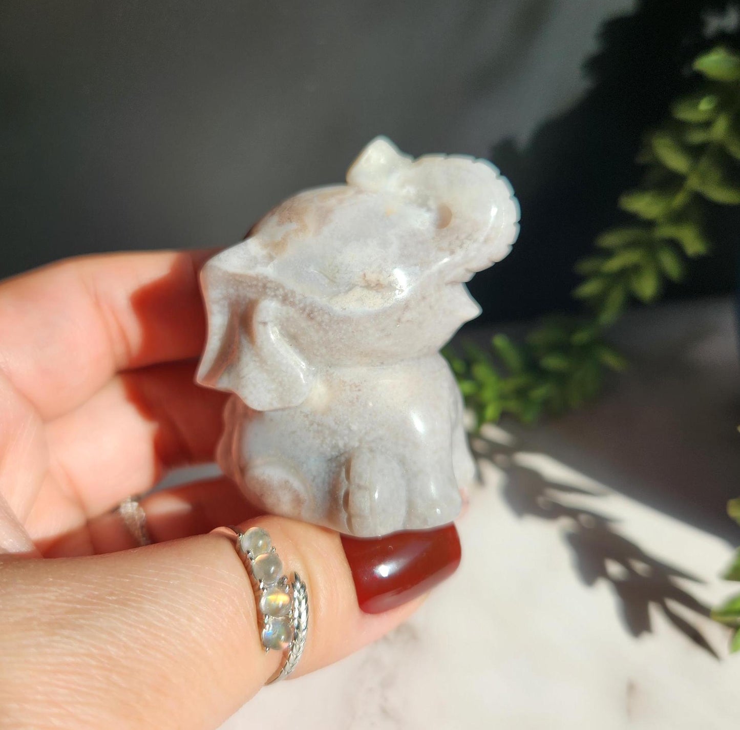 Beautiful happy hand carved pink amethyst flower agate elephant, natural