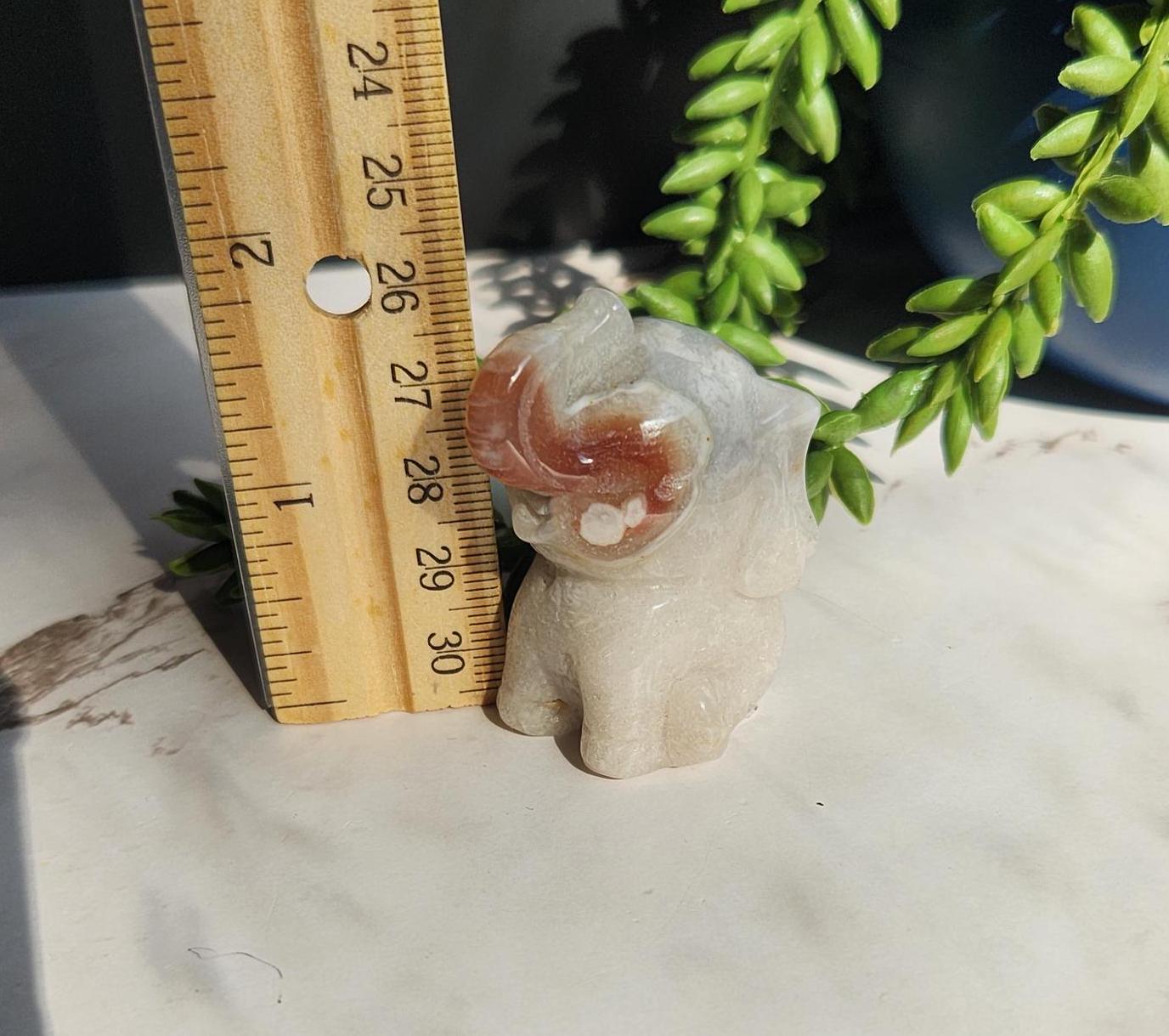 Beautiful happy hand carved carnelian flower agate elephant with druzy, natural