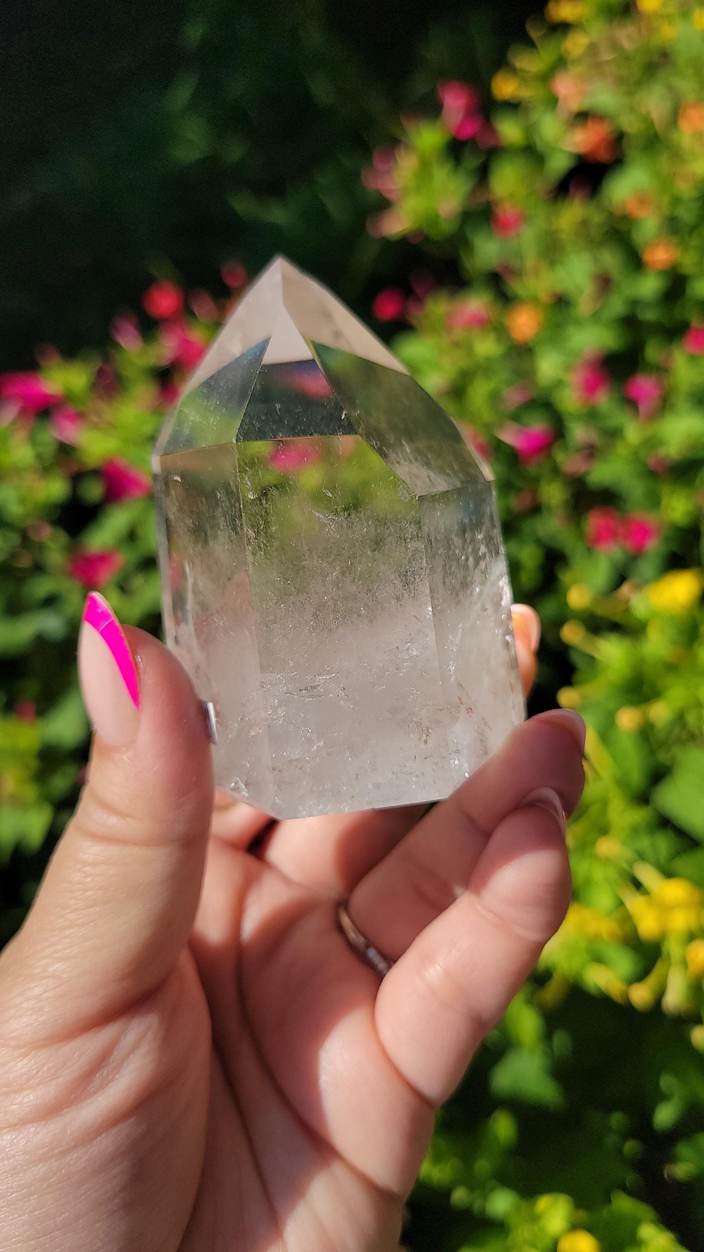 Beautiful high quality light smoky quartz tower with lots of rainbows and iron inclusions from Brazil