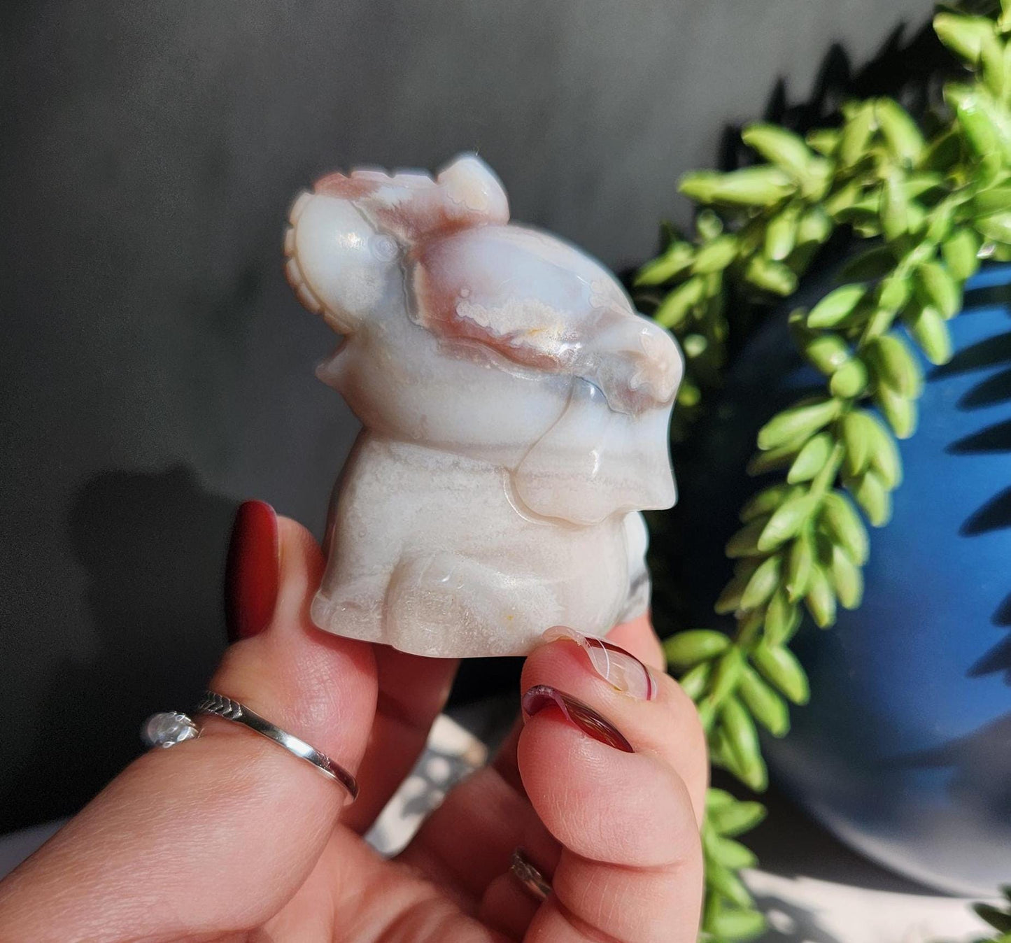 Beautiful happy hand carved carnelian flower agate elephant with black chalcedony, natural