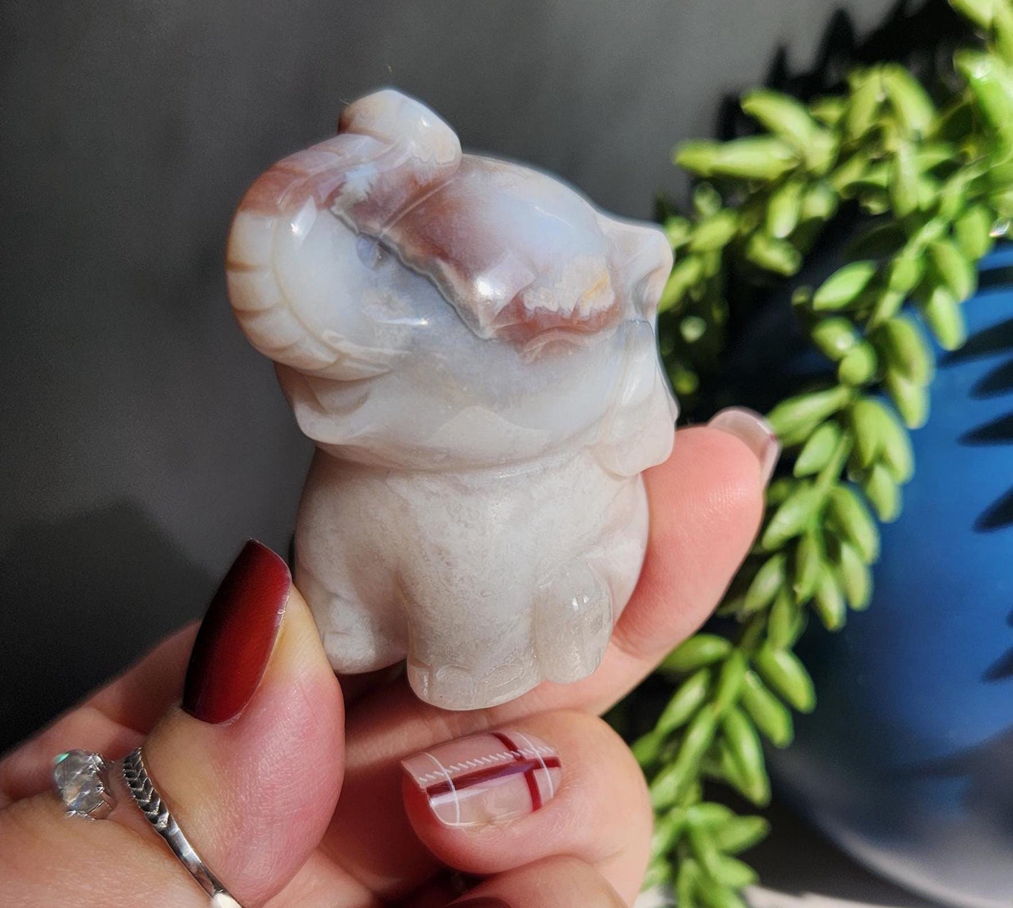 Beautiful happy hand carved carnelian flower agate elephant with black chalcedony, natural