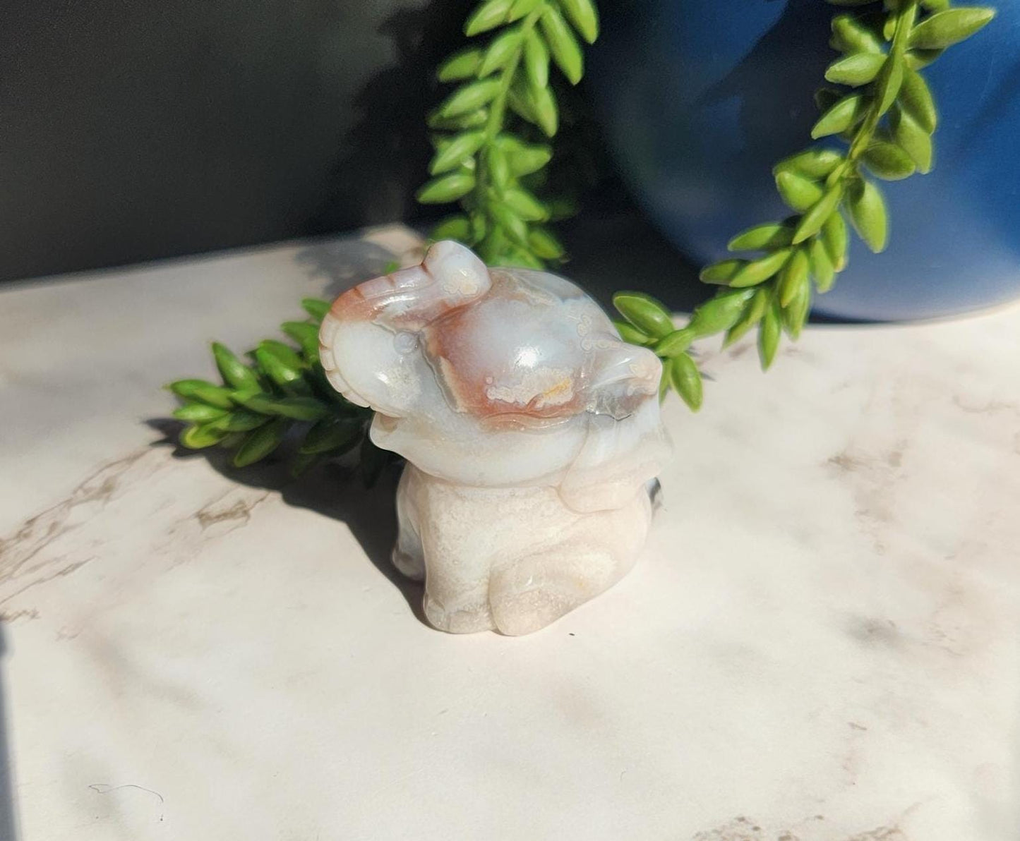 Beautiful happy hand carved carnelian flower agate elephant with black chalcedony, natural