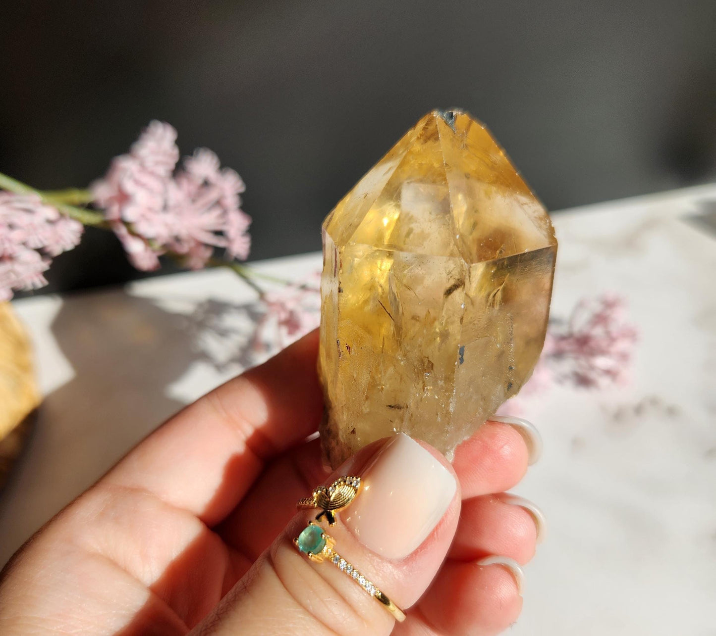 Natural kundalini citrine point from the Congo, honey citrine with rainbows, genuine, untreated and not polished
