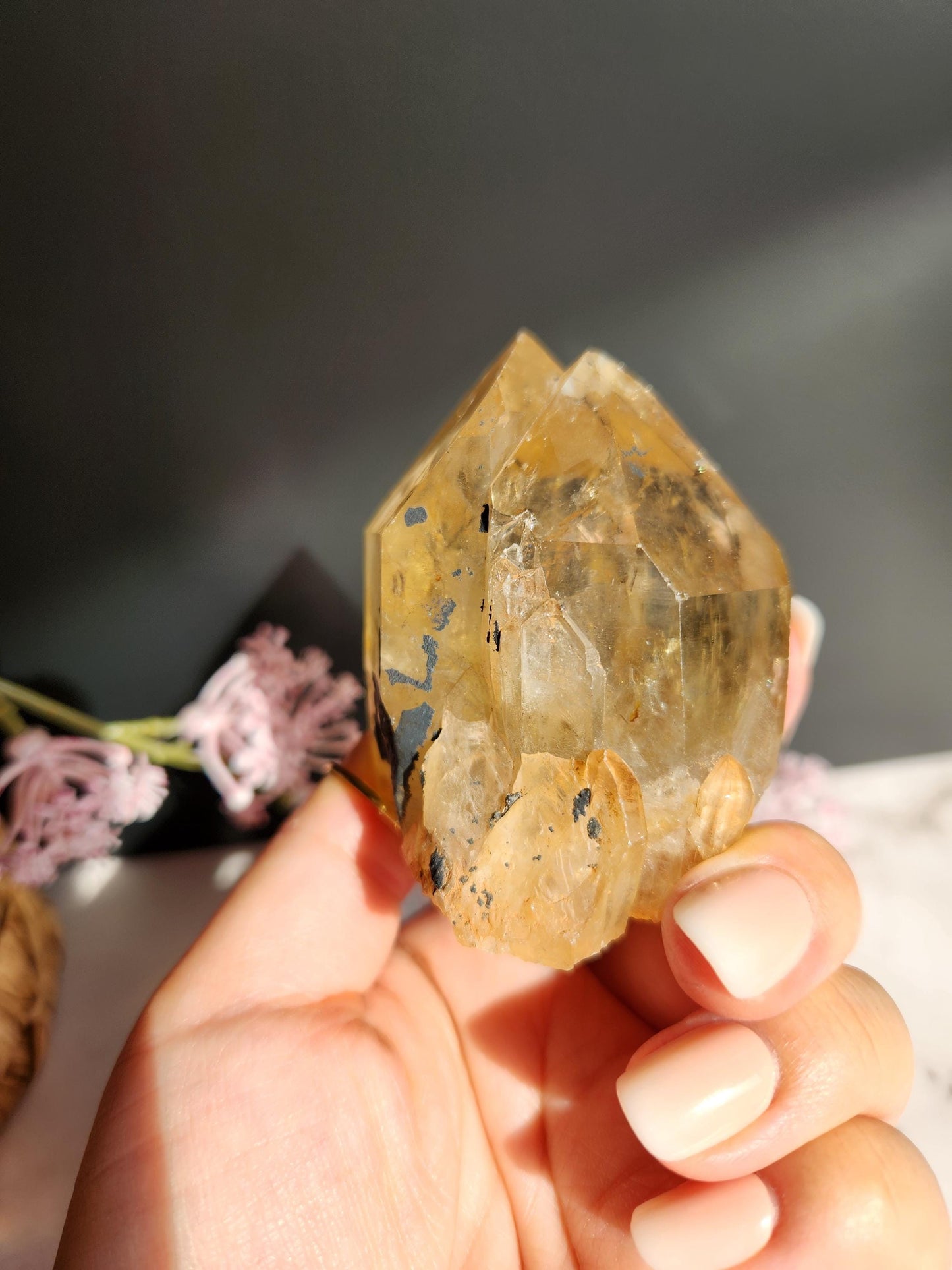 Beautiful natural kundalini citrine double point from the Congo, honey citrine with rainbows, genuine, untreated and not polished