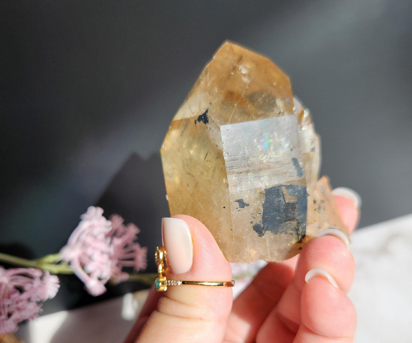 Beautiful natural kundalini citrine double point from the Congo, honey citrine with rainbows, genuine, untreated and not polished