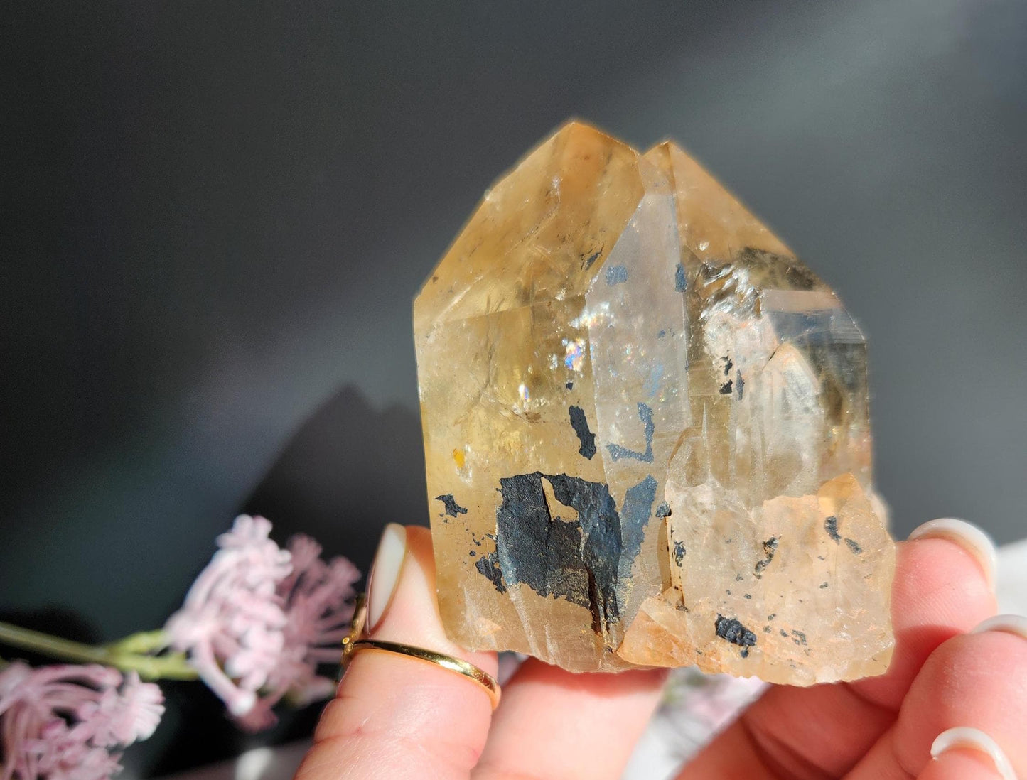 Beautiful natural kundalini citrine double point from the Congo, honey citrine with rainbows, genuine, untreated and not polished