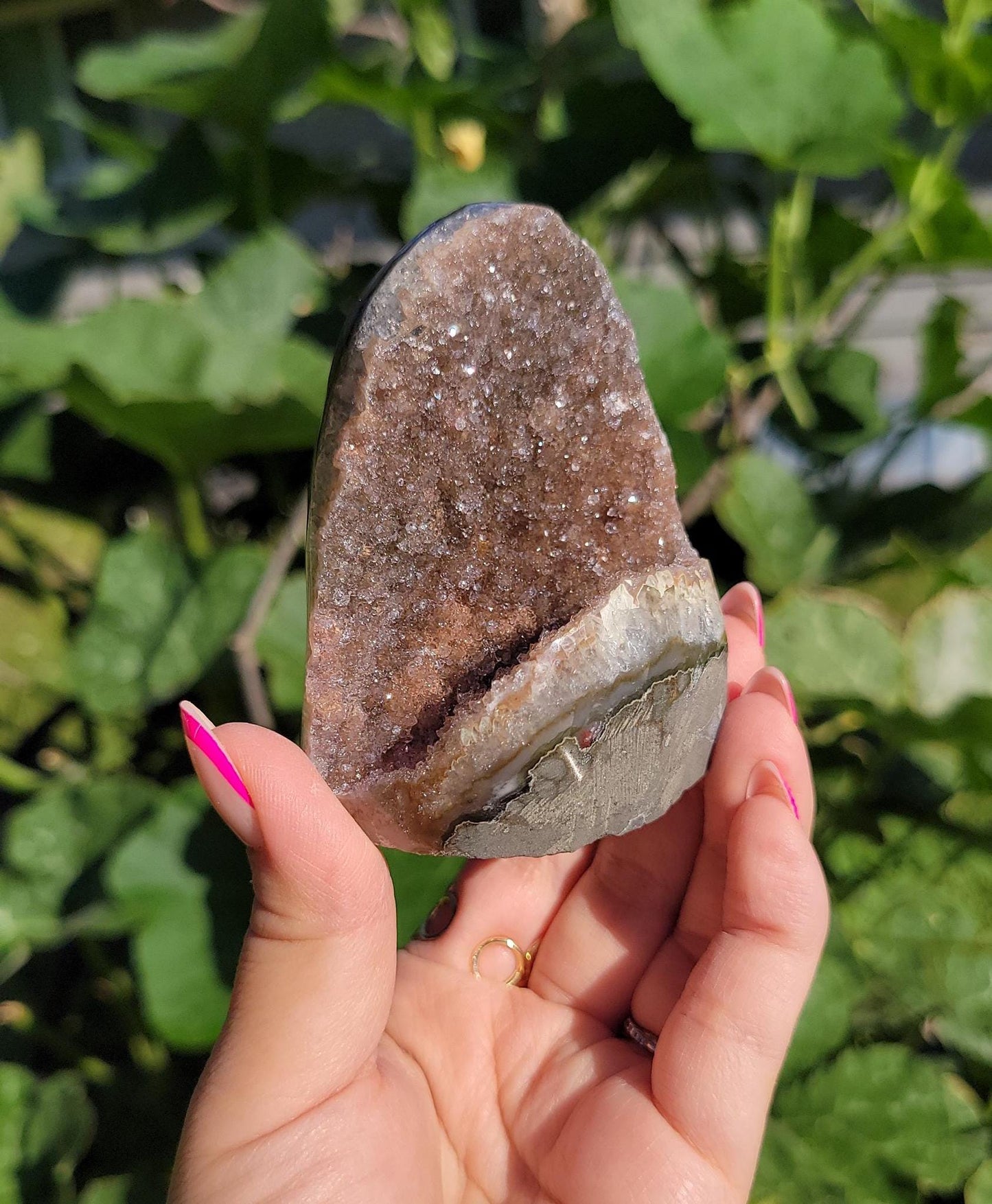 Sparkly rainbow amethyst cutbase from Uruguay, natural color