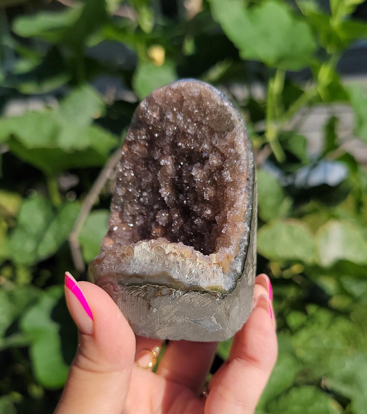 Sparkly rainbow amethyst cutbase from Uruguay, natural color