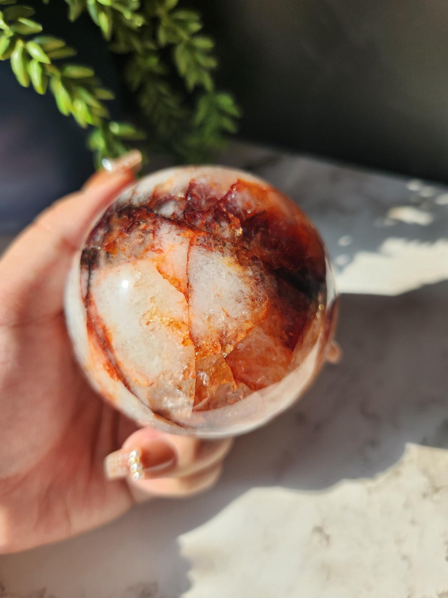 Large natural high quality fire quartz sphere with rainbows, Hematoid inclusions, Hematoid quartz, natural fire quartz