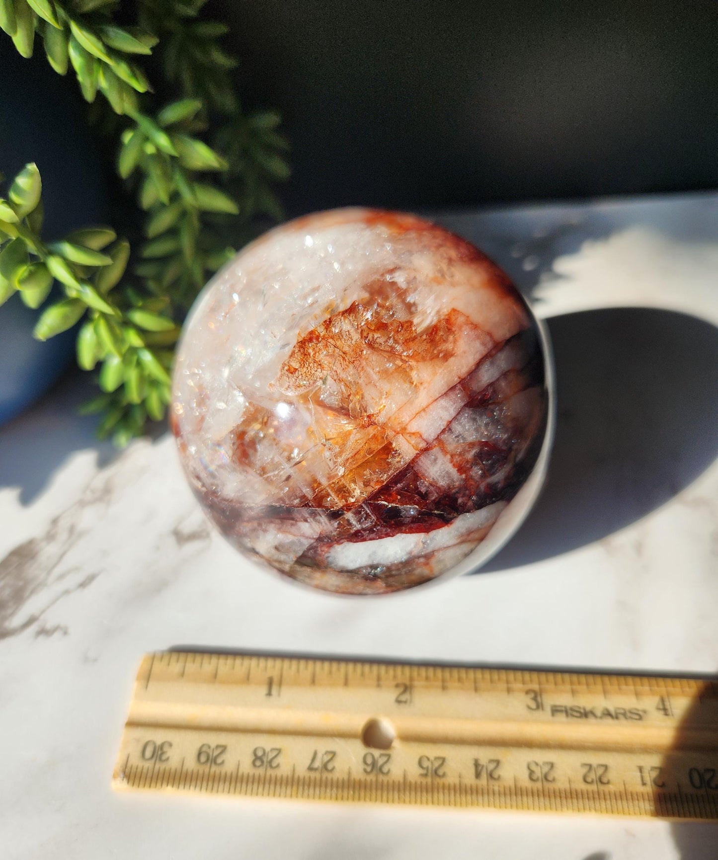 Large natural high quality fire quartz sphere with rainbows, Hematoid inclusions, Hematoid quartz, natural fire quartz