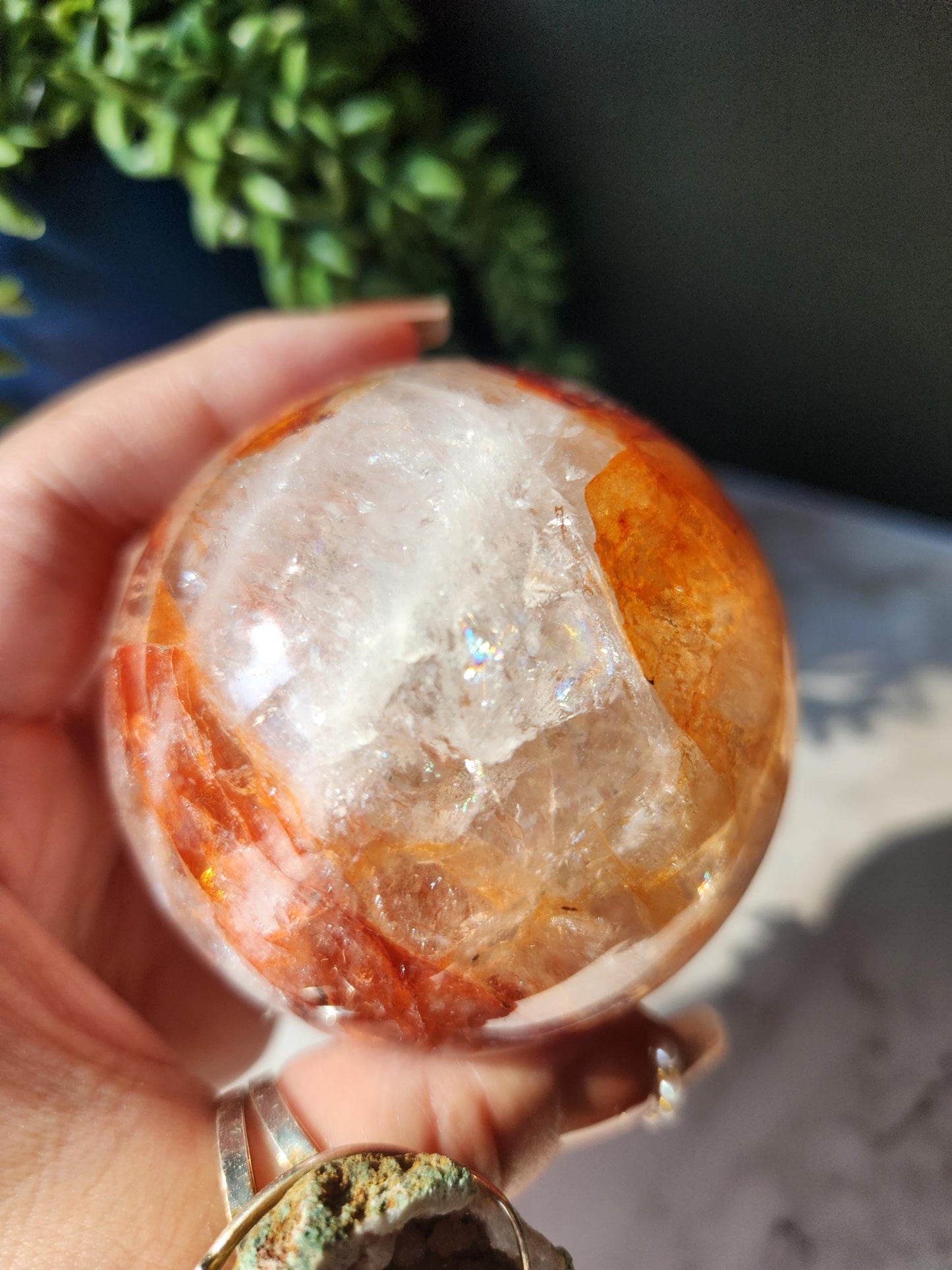 Beautiful natural high quality fire quartz sphere with rainbows, Hematoid inclusions, Hematoid quartz,