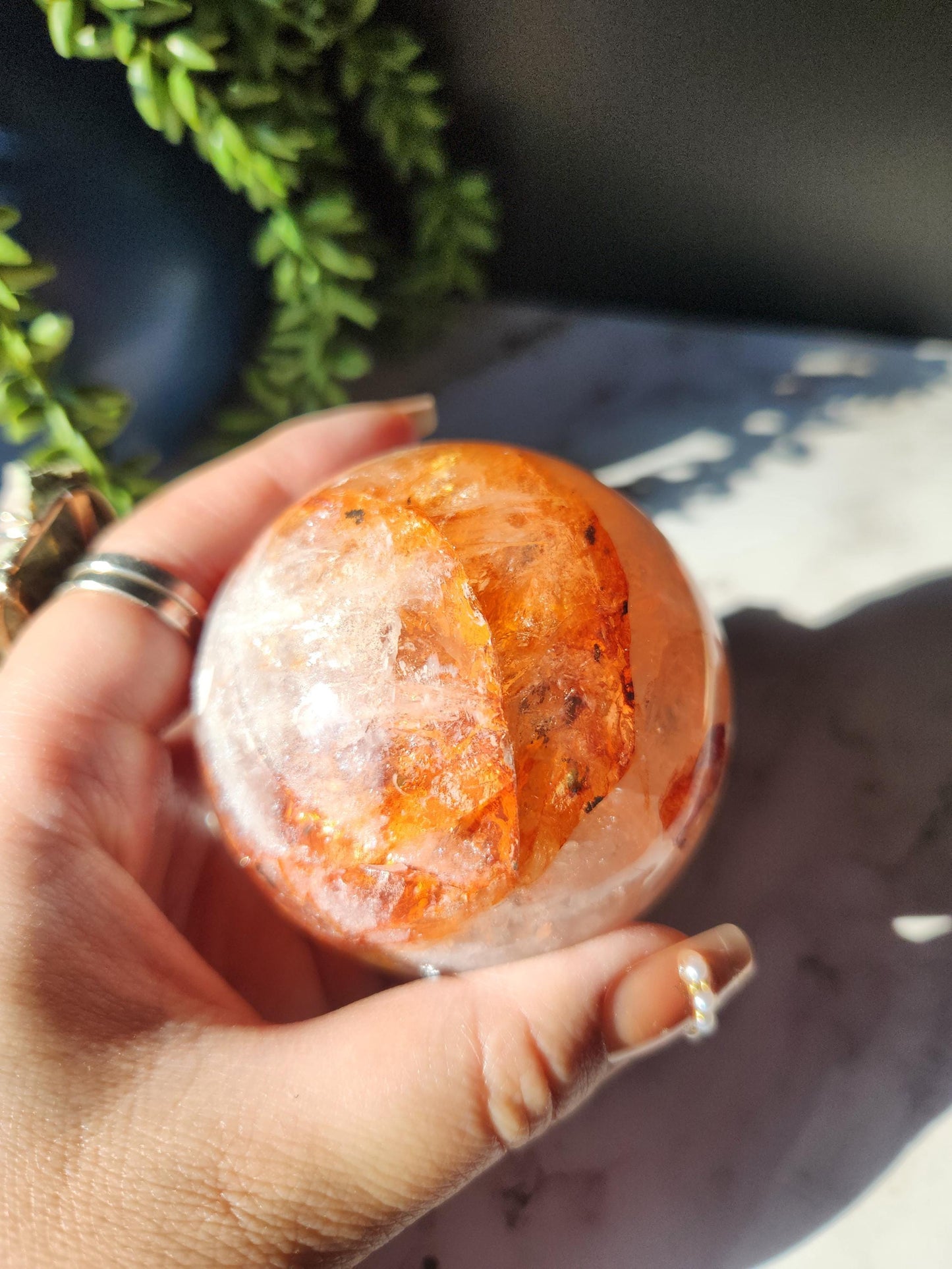 Beautiful natural high quality fire quartz sphere with rainbows, Hematoid inclusions, Hematoid quartz,