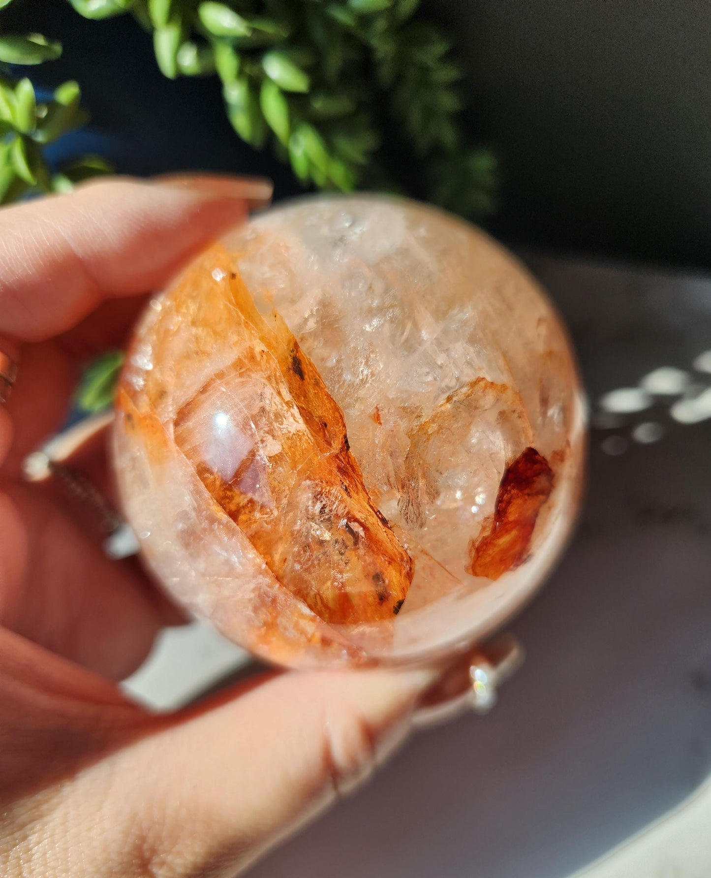 Beautiful natural high quality fire quartz sphere with rainbows, Hematoid inclusions, Hematoid quartz,