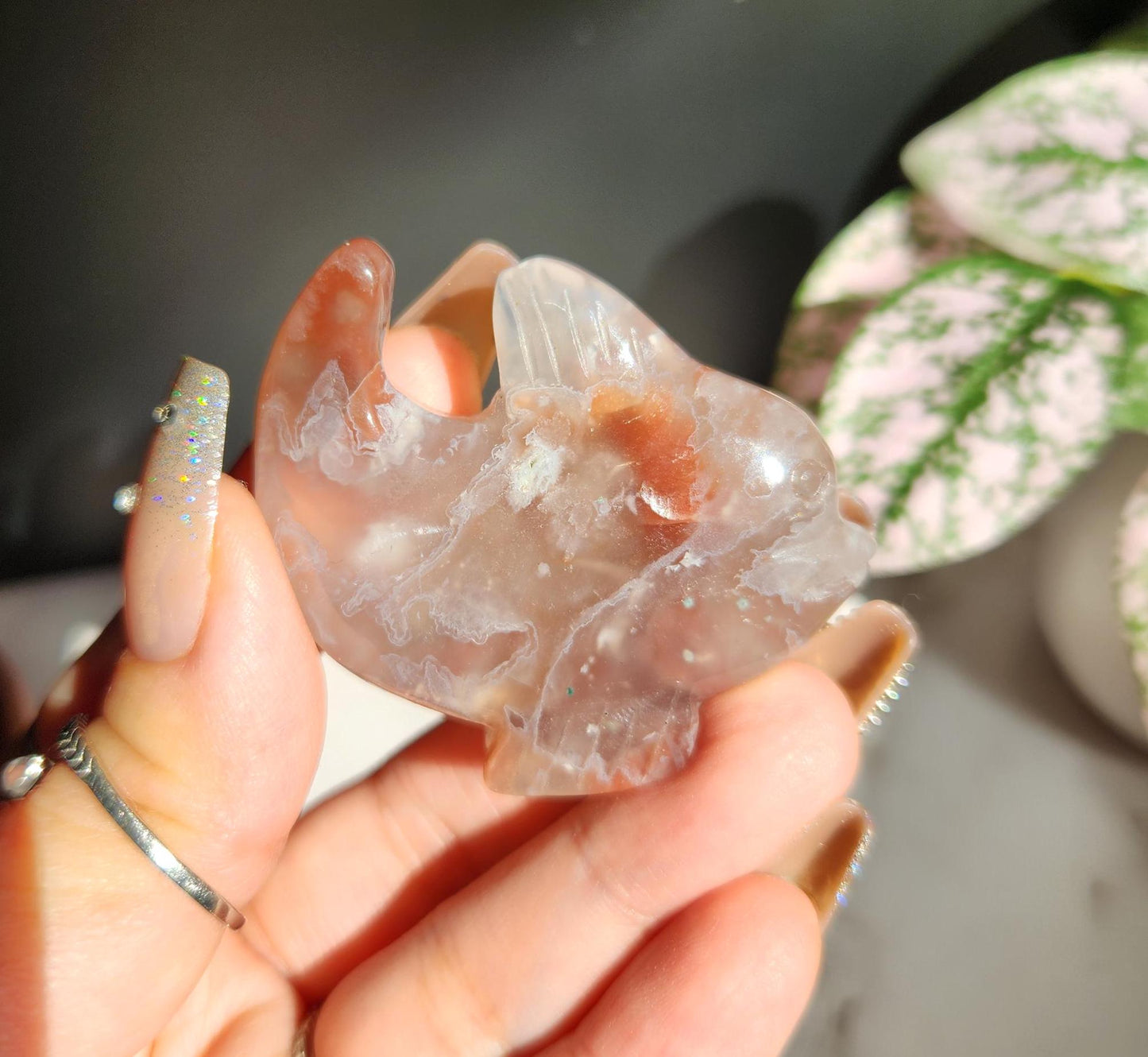 AAA carnelian flower agate dolphin carving, natural, self standing