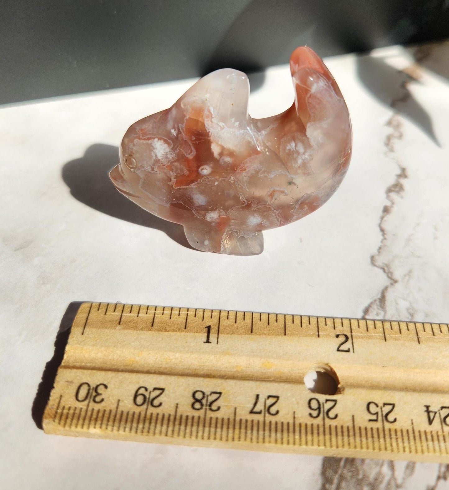 AAA carnelian flower agate dolphin carving, natural, self standing