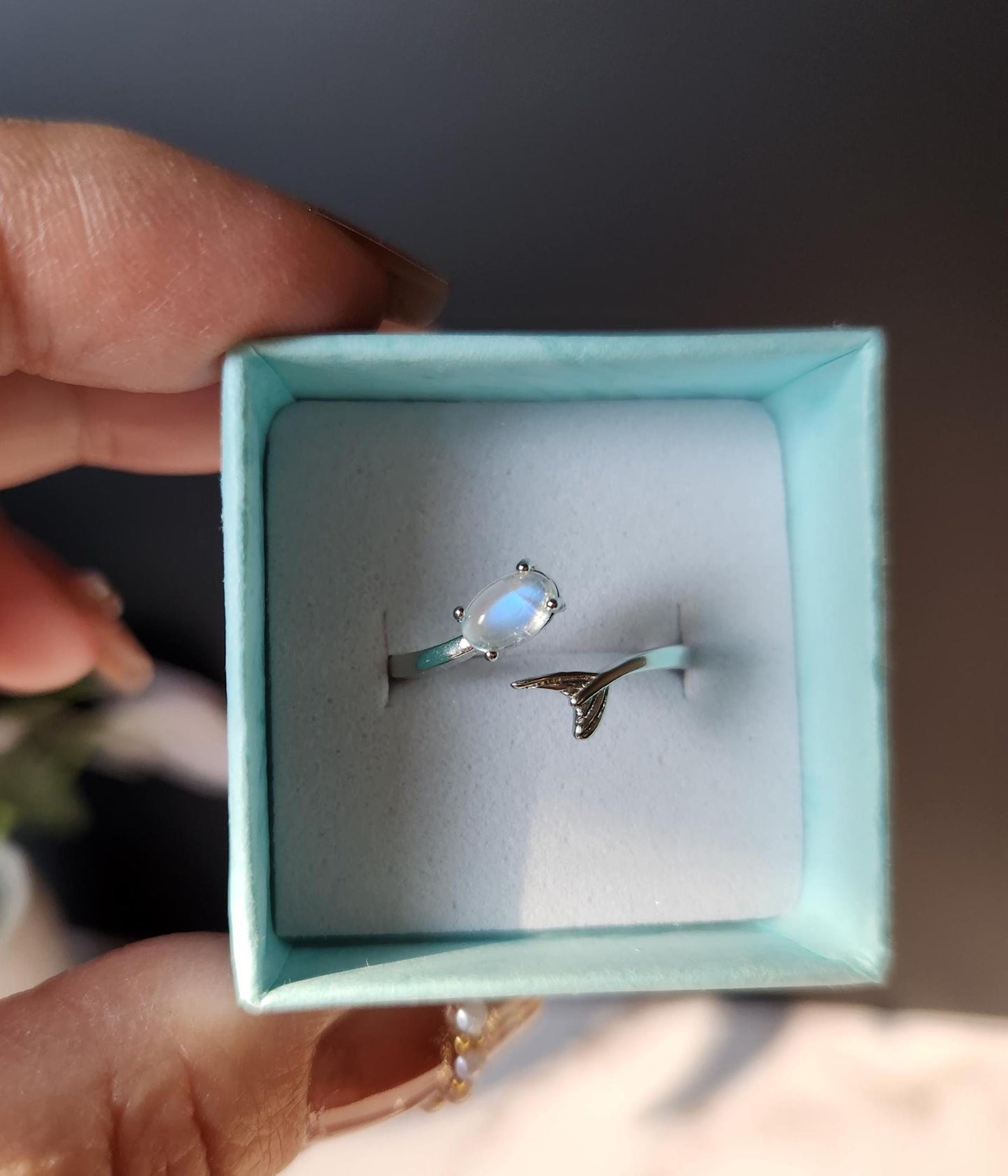 Top quality blue moonstone mermaid ring, 925 sterling silver, adjustable ring, beautiful dainty rings