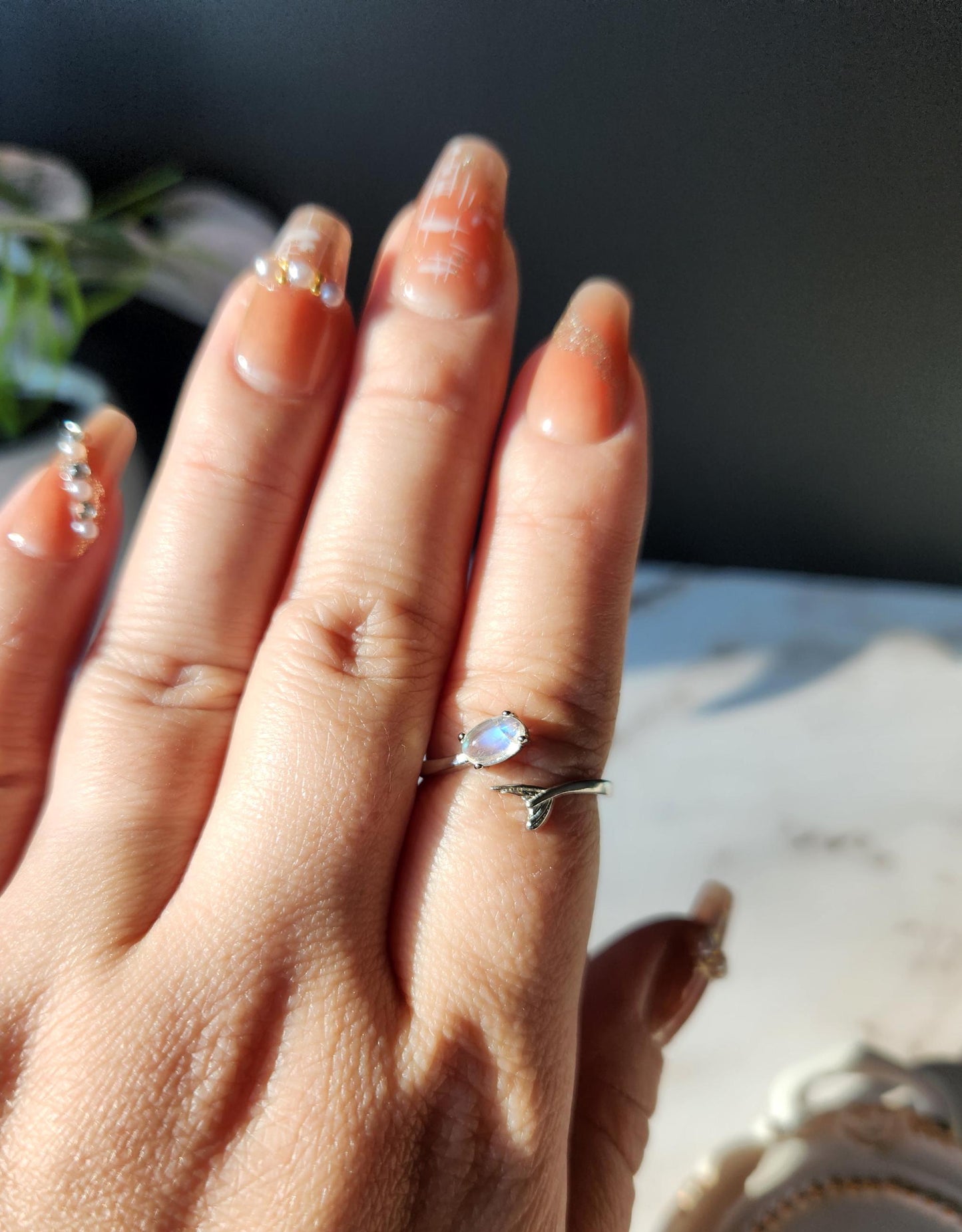 Top quality blue moonstone mermaid ring, 925 sterling silver, adjustable ring, beautiful dainty rings