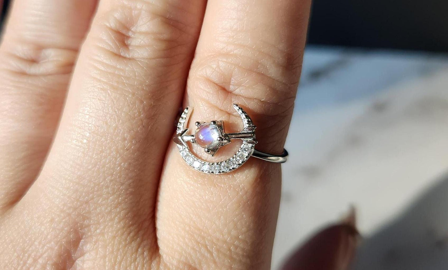 Top quality moon and star blue moonstone ring, 925 sterling silver, adjustable ring, beautiful dainty rings