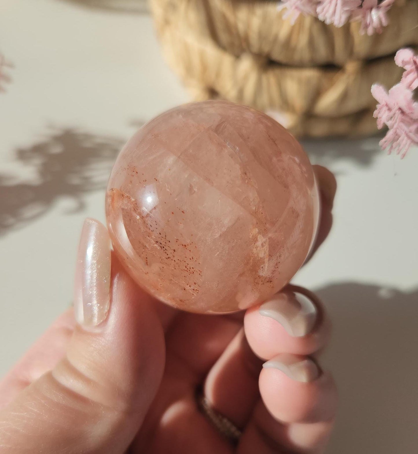 Rare natural fire quartz with rose quartz sphere from Madagascar, Hematoid inclusions