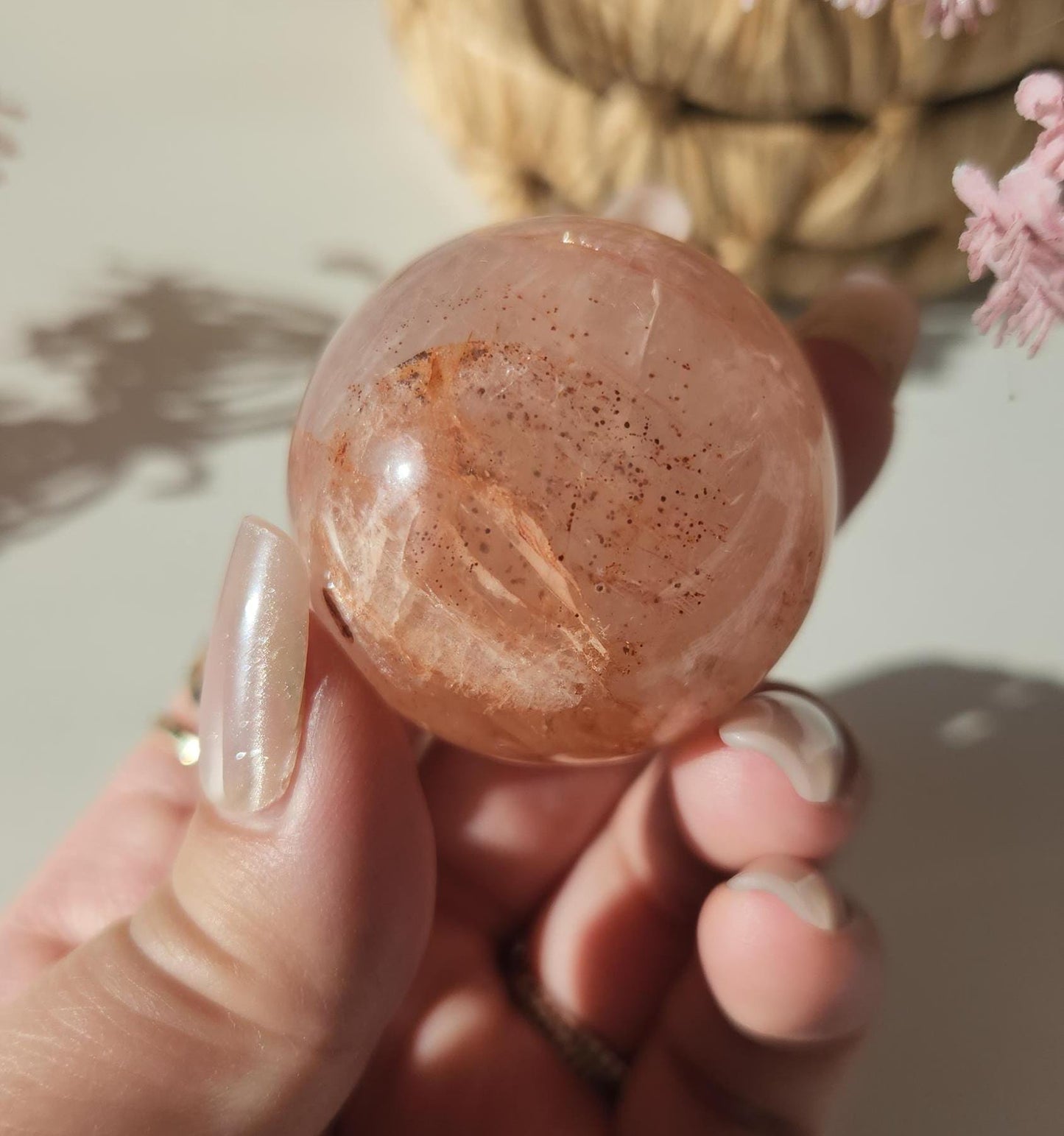Rare natural fire quartz with rose quartz sphere from Madagascar, Hematoid inclusions