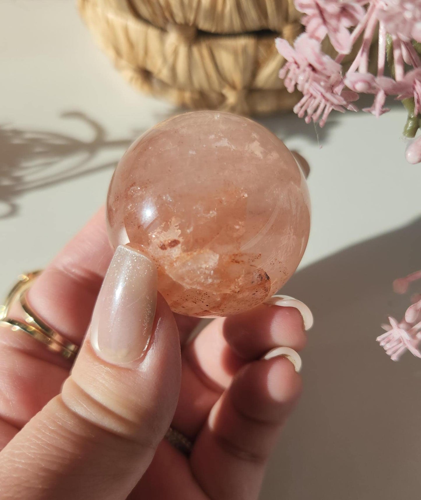 Rare natural fire quartz with rose quartz sphere from Madagascar, Hematoid inclusions