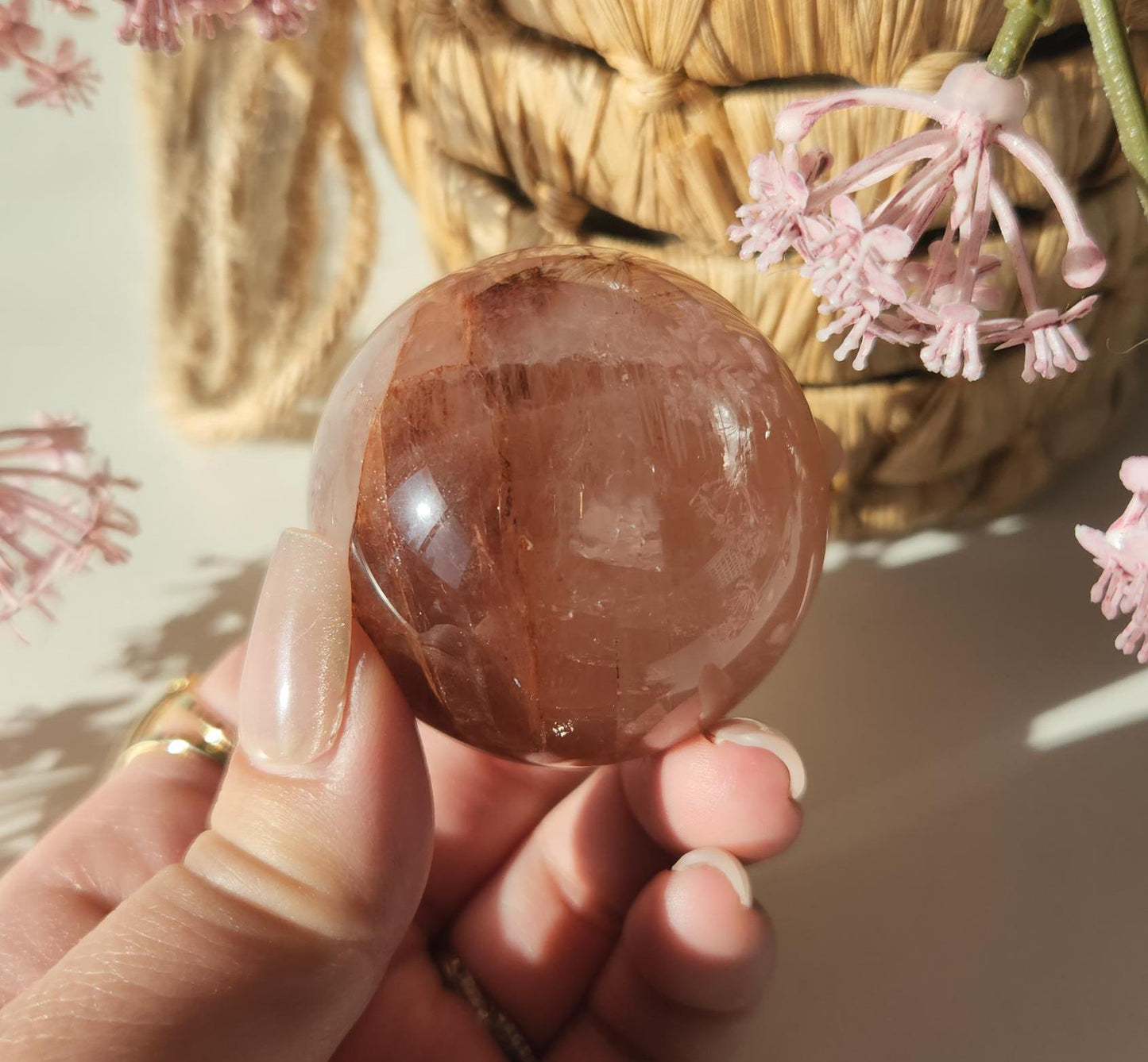 Rare natural fire quartz with rose quartz sphere from Madagascar, Hematoid inclusions