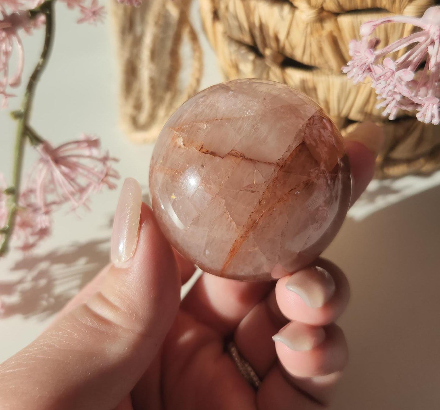 Rare natural fire quartz with rose quartz sphere from Madagascar, Hematoid inclusions