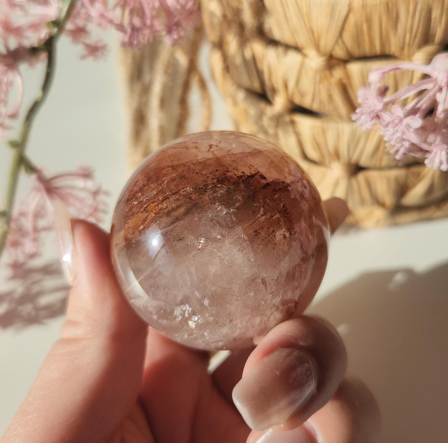 Rare natural fire quartz with rose quartz sphere from Madagascar, Hematoid inclusions