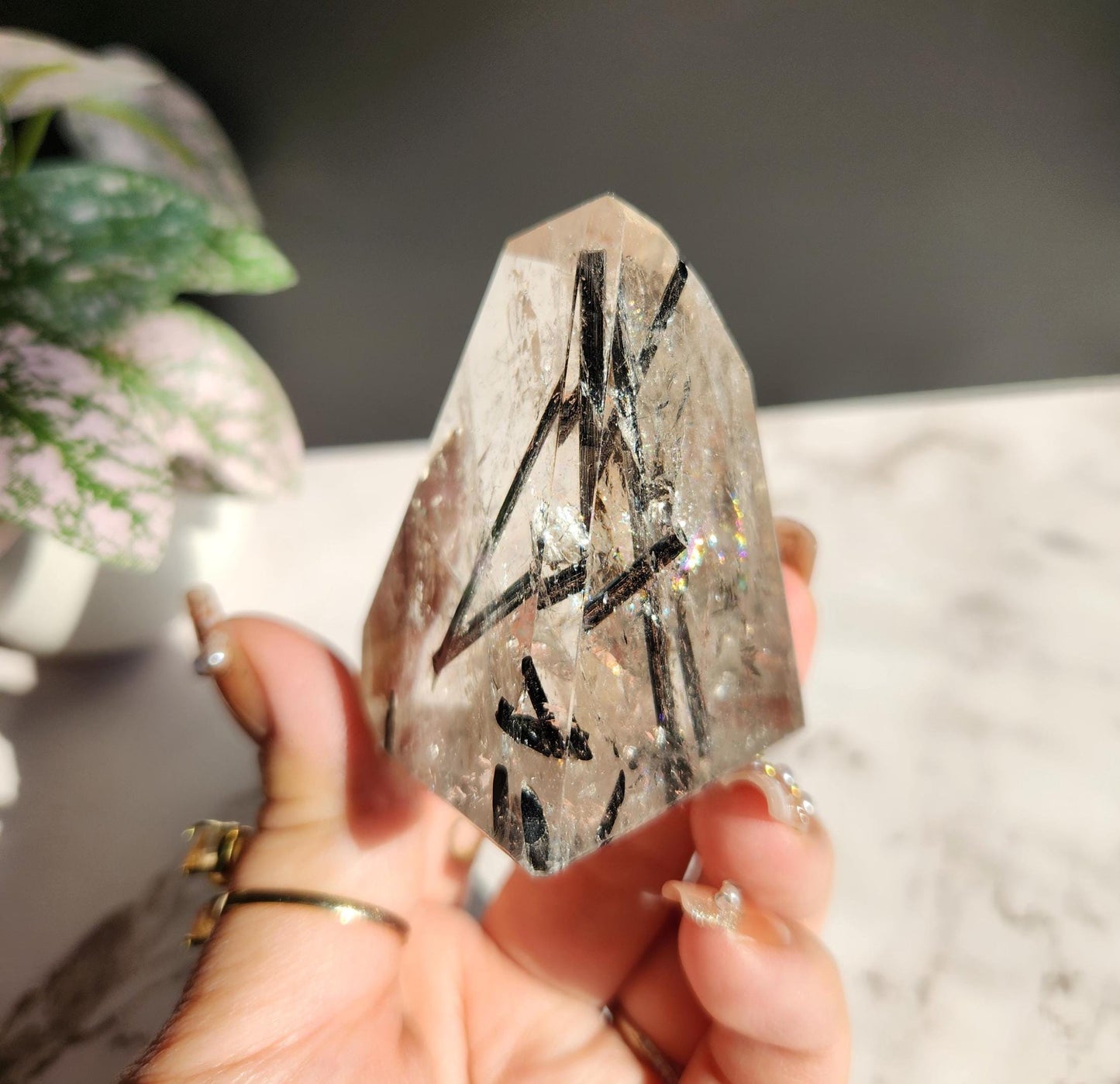 High quality black tourmaline in quartz freefrom with rainbows on a beautiful gold custom stand