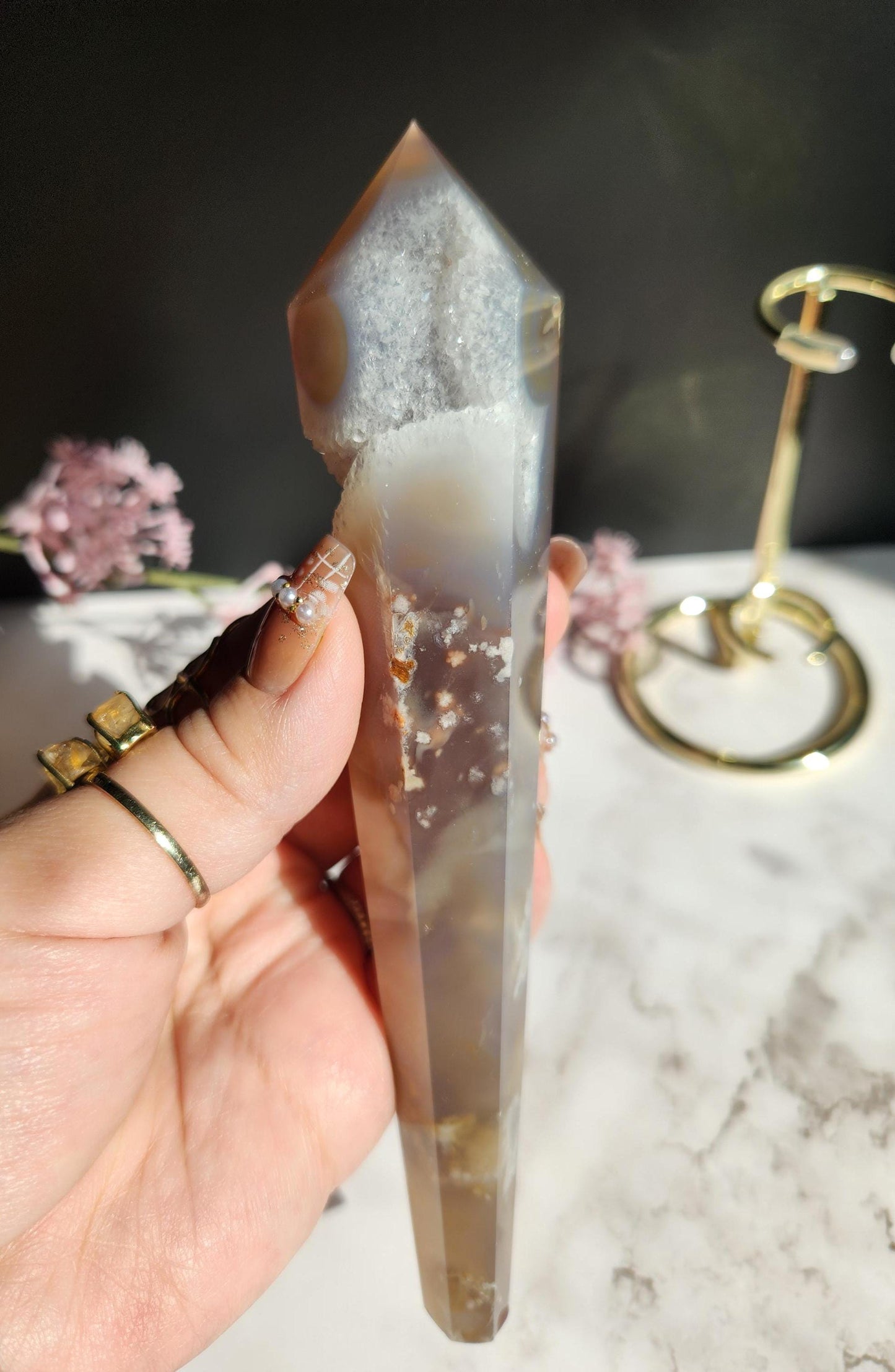 Natural black flower agate wand with stand, has sparkly druzy and black chalcedony from Madagascar