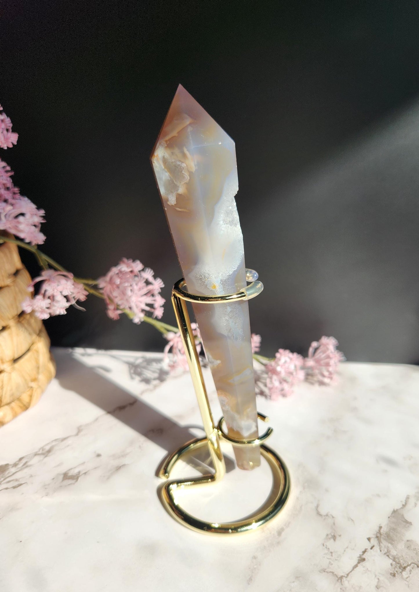 Natural black flower agate wand with stand, has sparkly druzy and black chalcedony from Madagascar