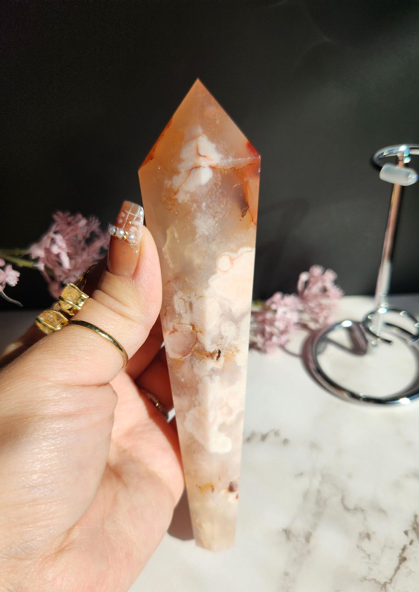 Natural carnelian flower agate wand with stand from Madagascar