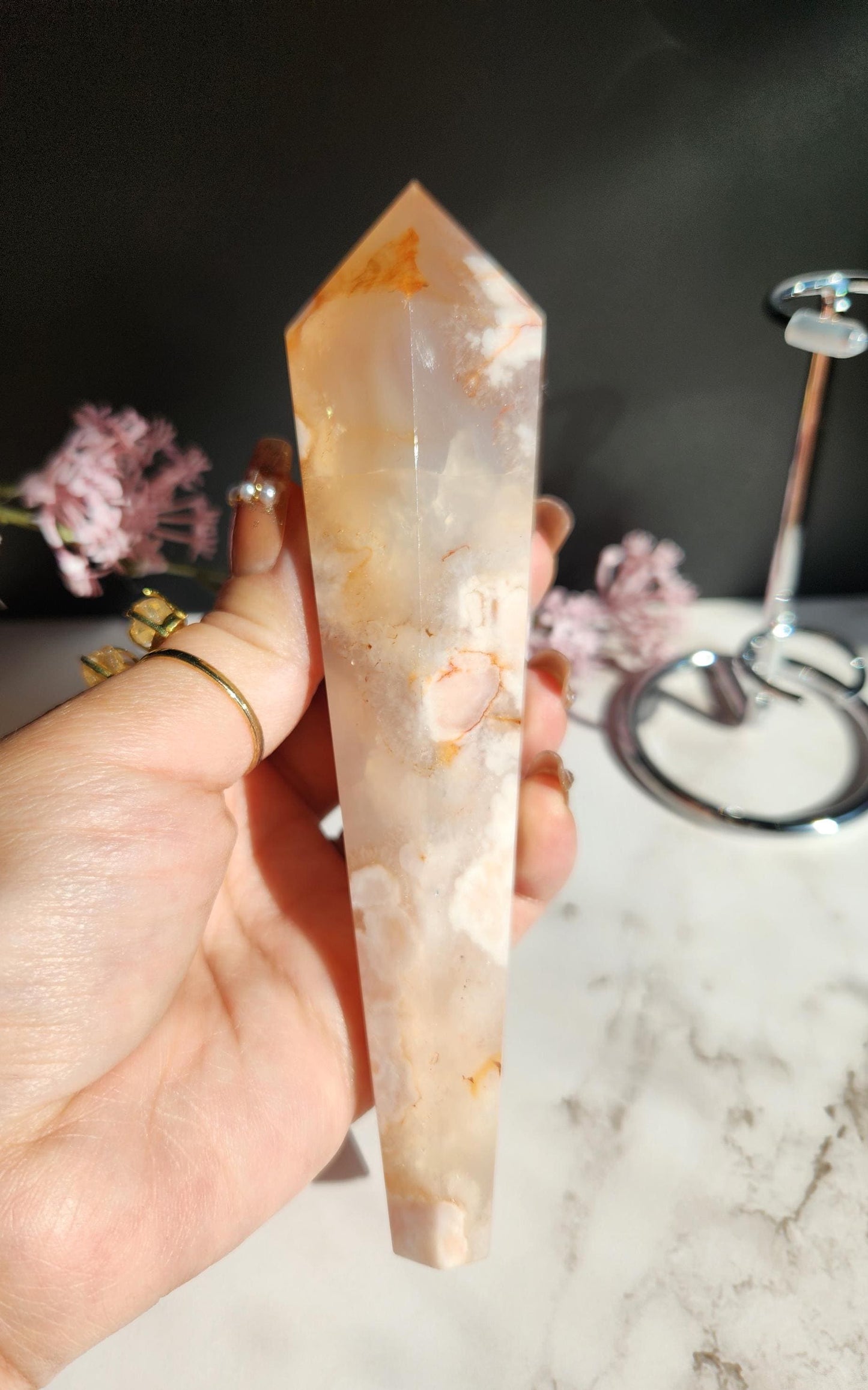 Natural carnelian flower agate wand with stand from Madagascar