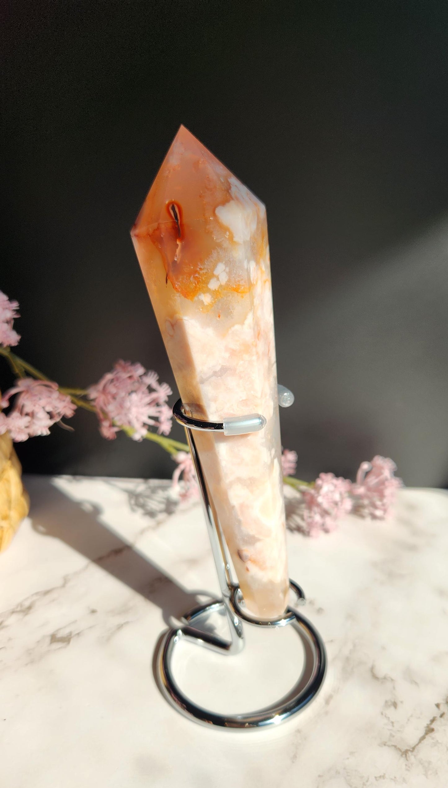 Natural carnelian flower agate wand with stand from Madagascar