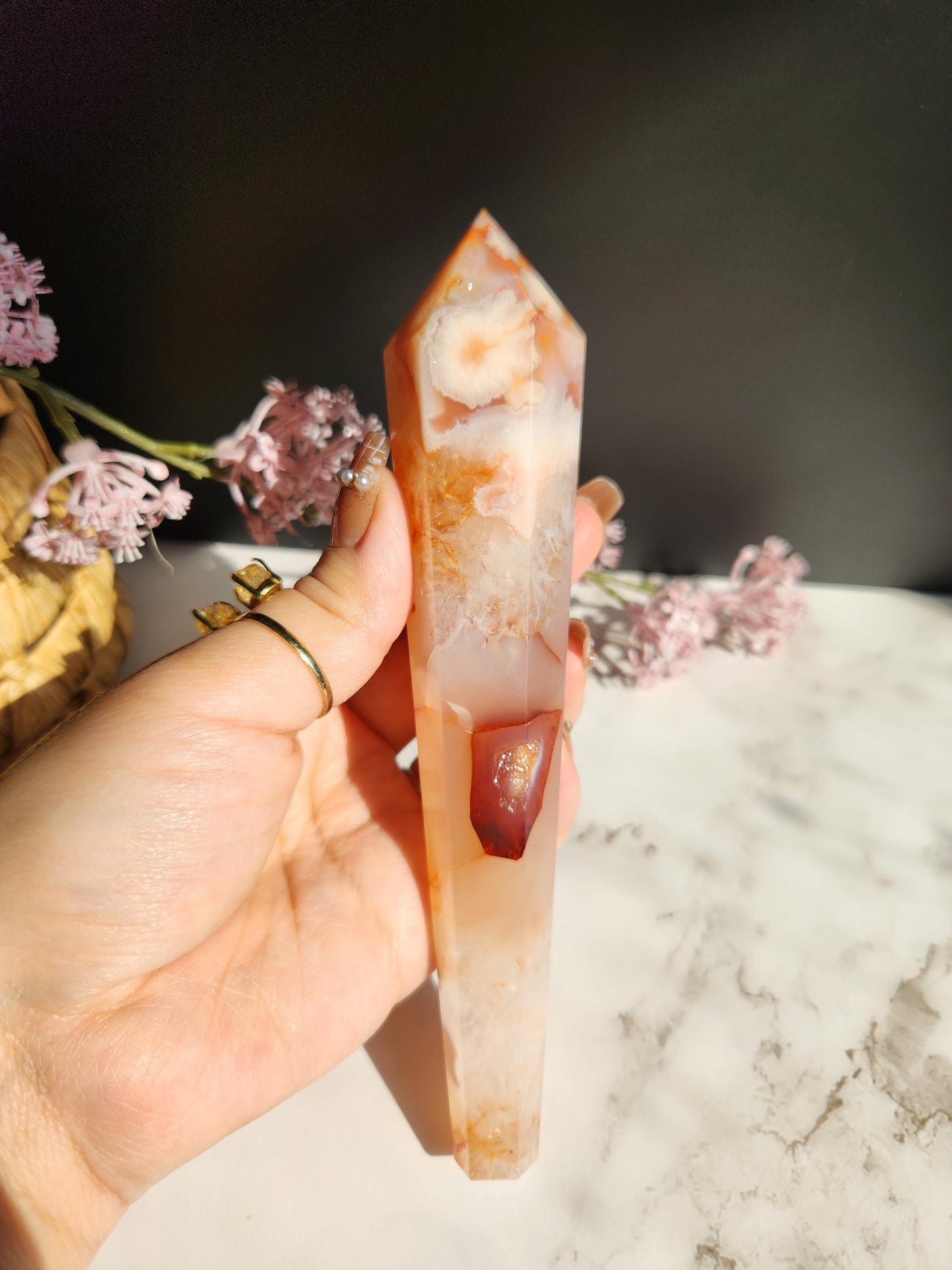Natural carnelian flower agate wand with druzy from Madagascar, stand included