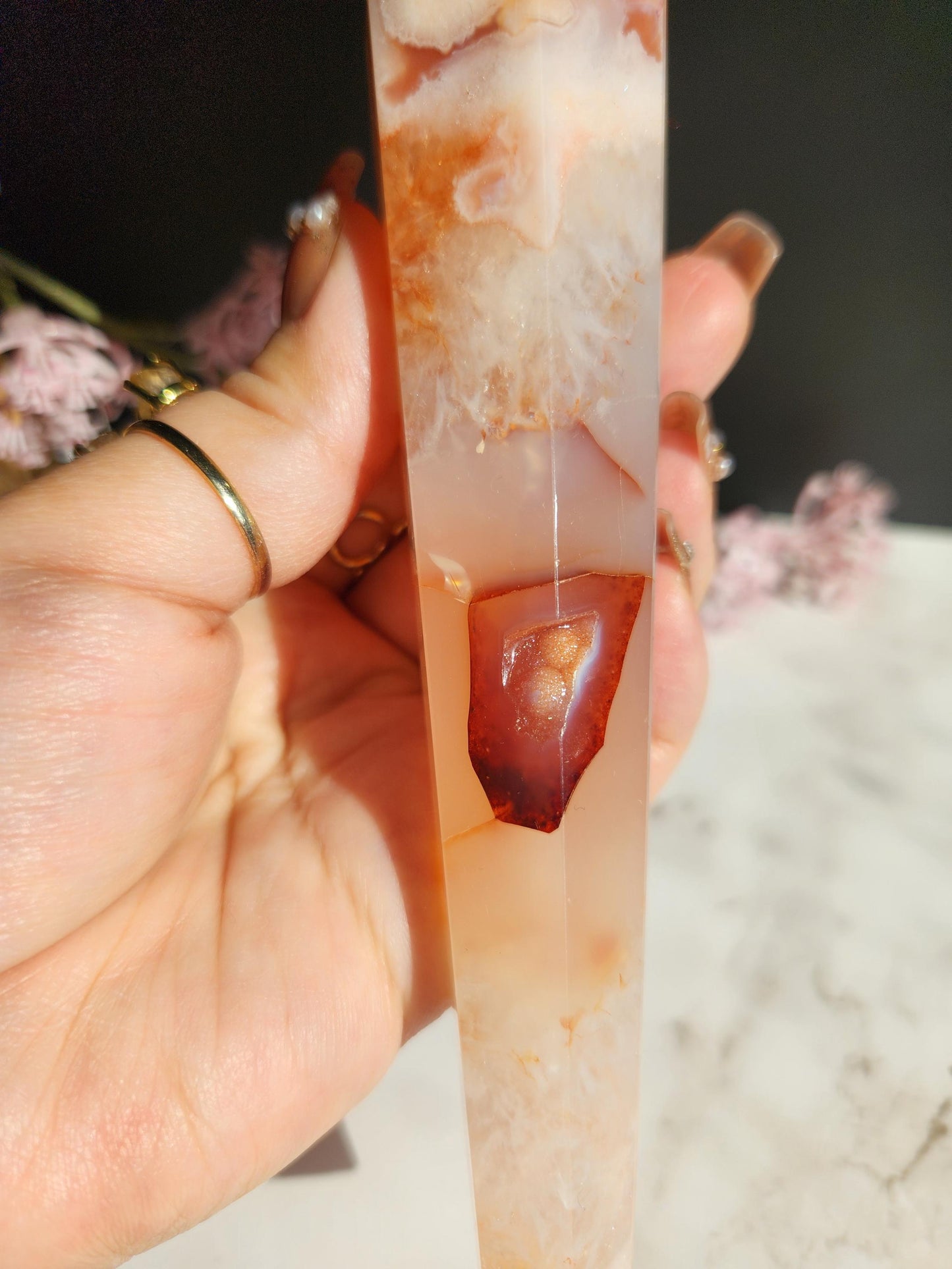 Natural carnelian flower agate wand with druzy from Madagascar, stand included