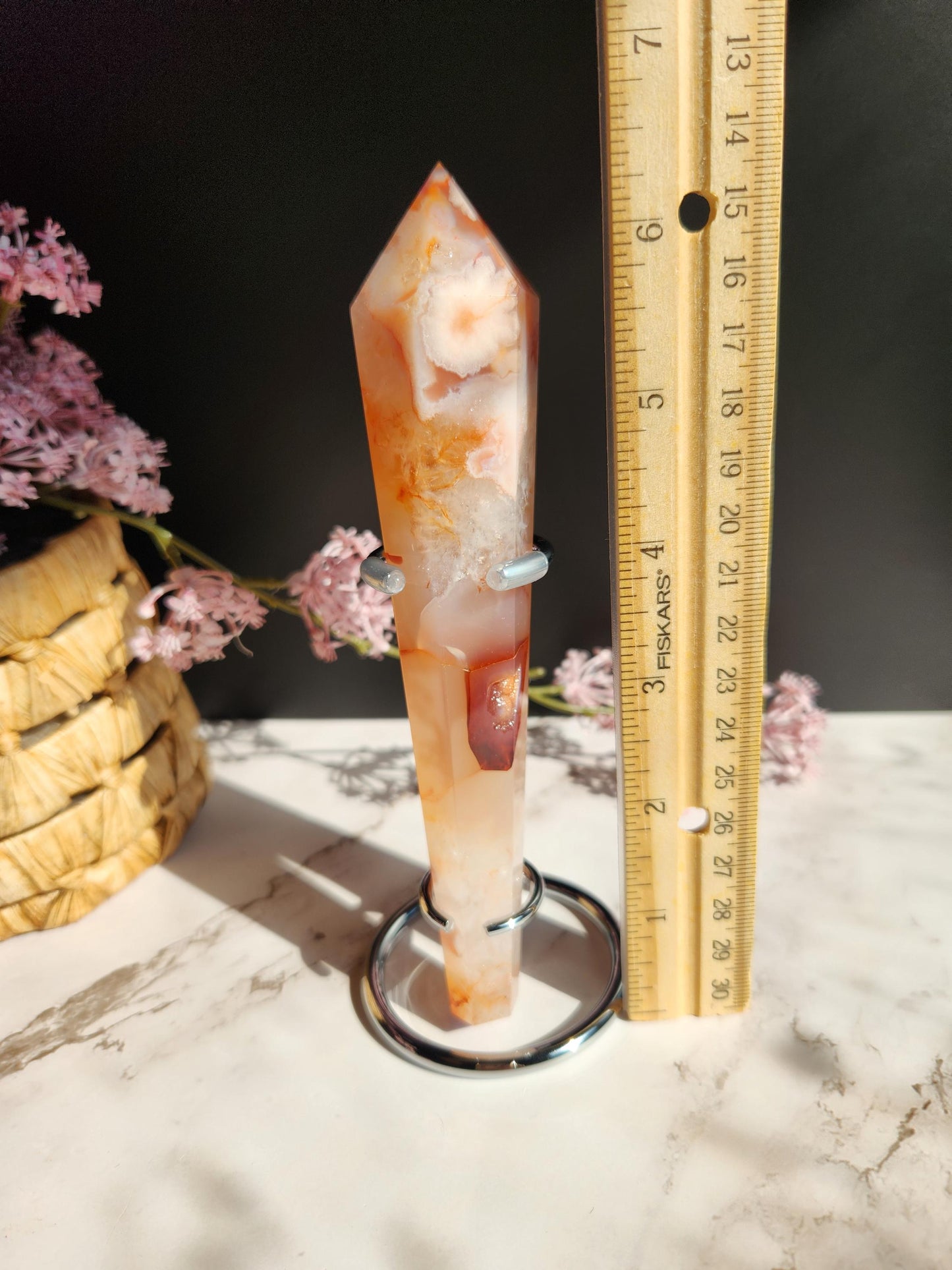 Natural carnelian flower agate wand with druzy from Madagascar, stand included