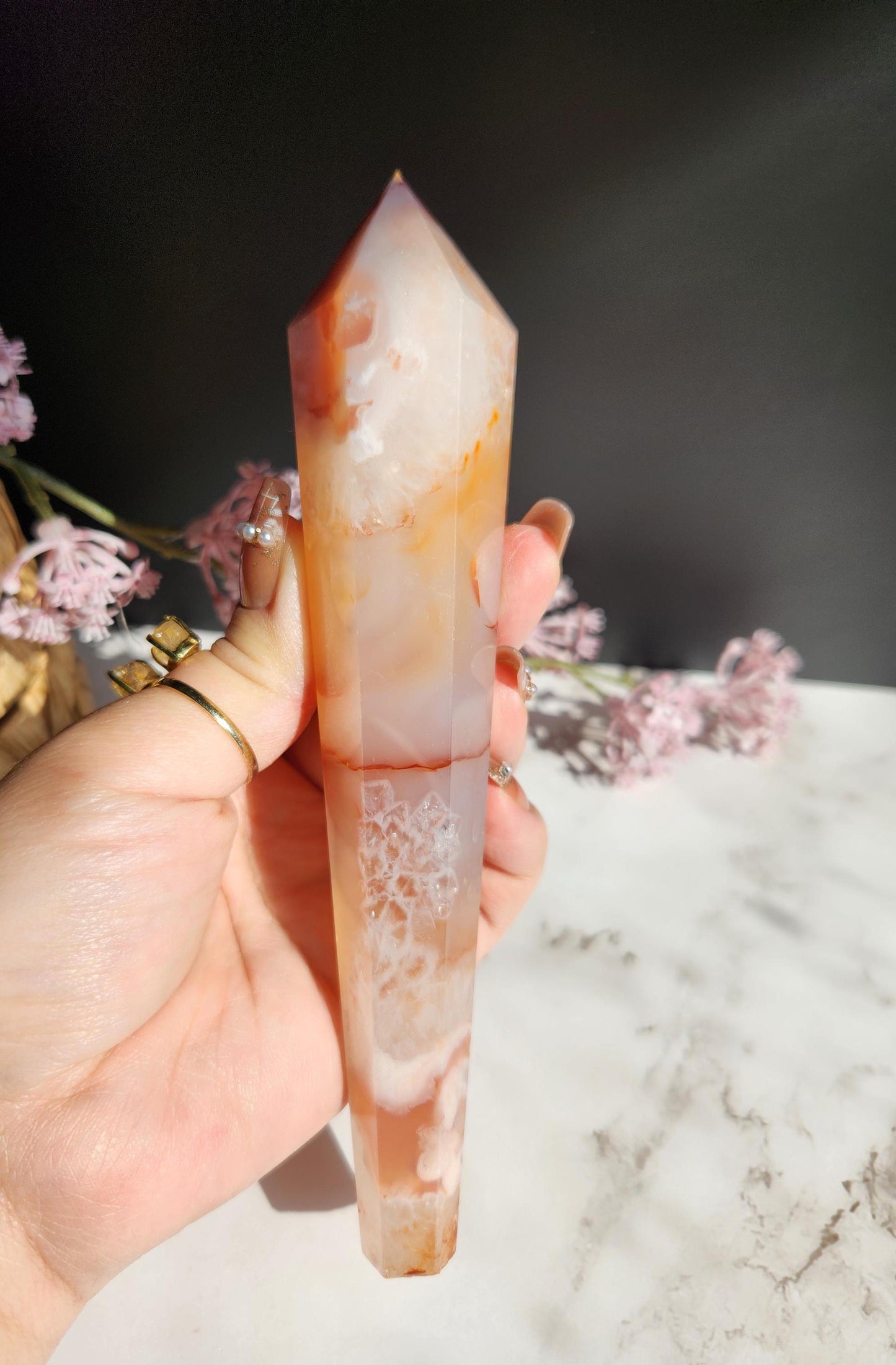 Natural carnelian flower agate wand with druzy from Madagascar, stand included