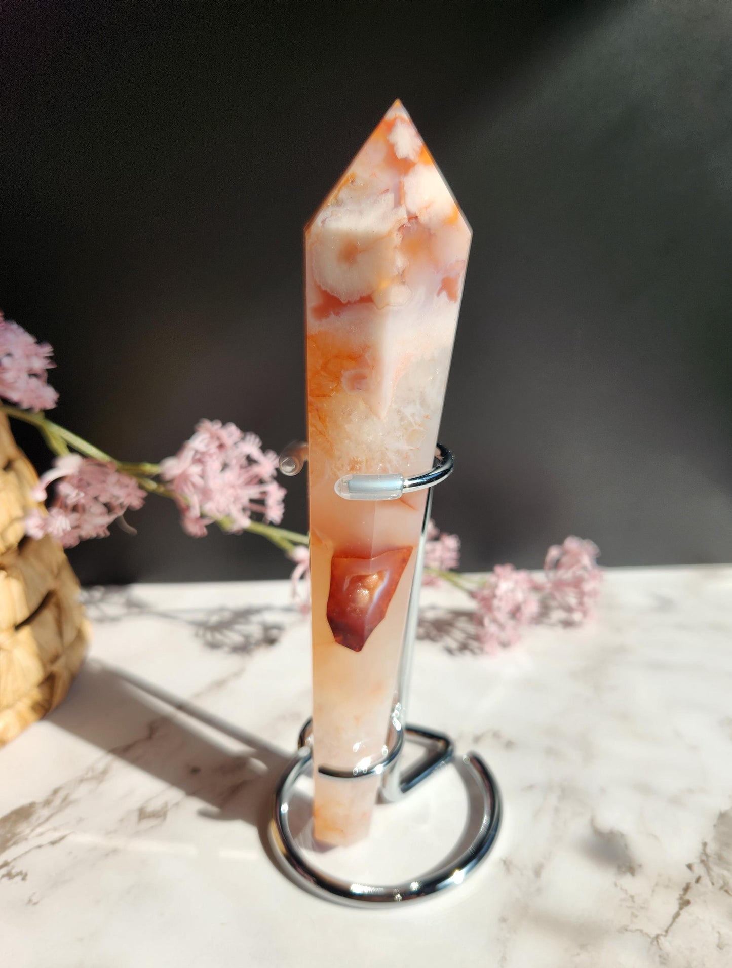 Natural carnelian flower agate wand with druzy from Madagascar, stand included