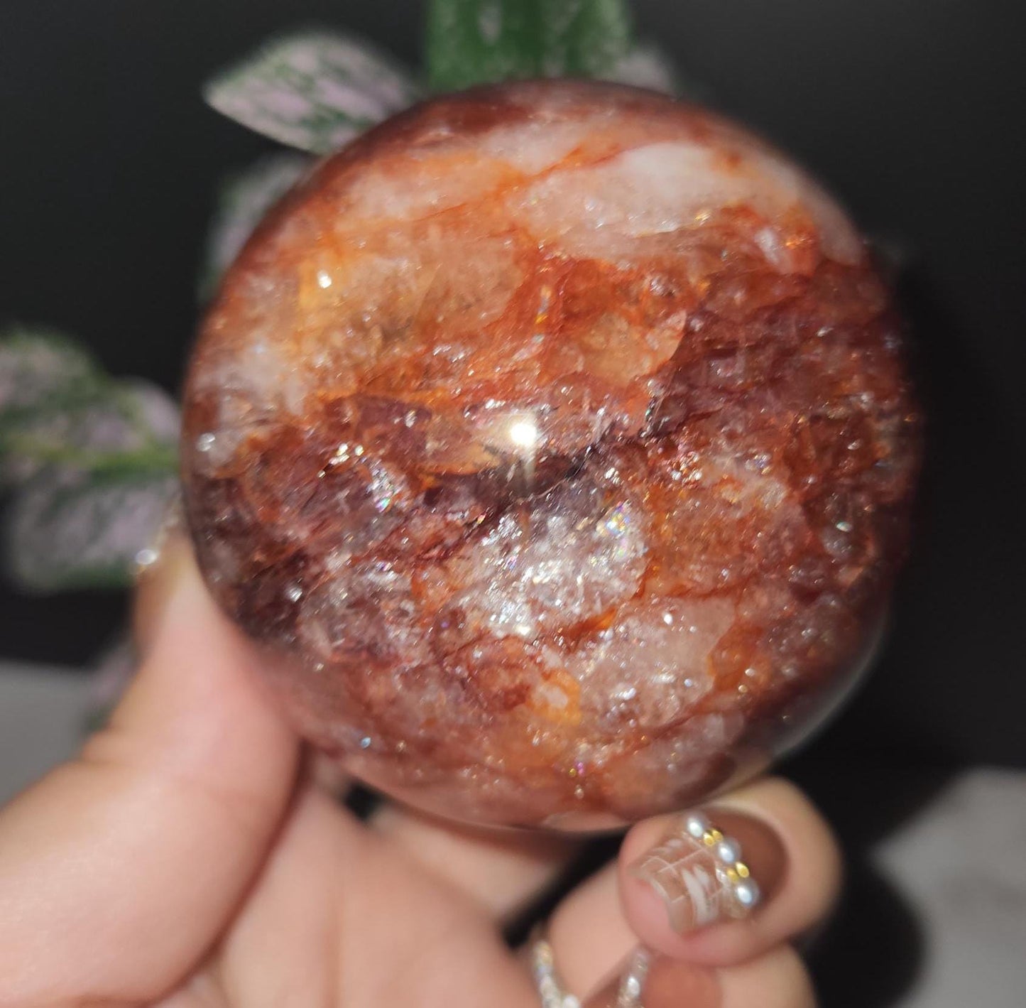 Beautiful natural dark fire quartz sphere with rainbows, Hematoid inclusions, Hematoid quartz, 72C, 67.8mm