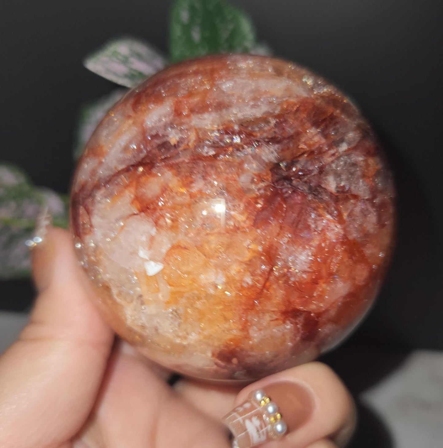 Beautiful natural dark fire quartz sphere with rainbows, Hematoid inclusions, Hematoid quartz, 72C, 67.8mm