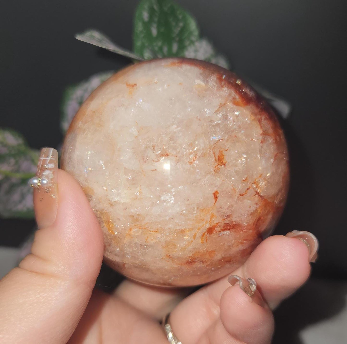 Beautiful natural dark fire quartz sphere with rainbows, Hematoid inclusions, Hematoid quartz, 72C, 67.8mm