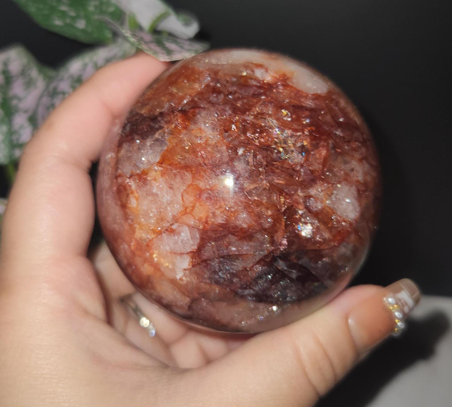 Beautiful natural dark fire quartz sphere with rainbows, Hematoid inclusions, Hematoid quartz, 72C, 67.8mm