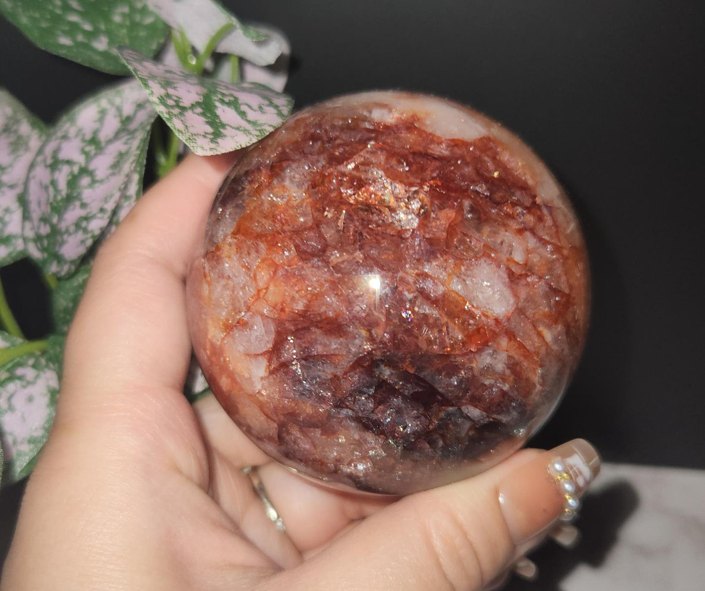 Beautiful natural dark fire quartz sphere with rainbows, Hematoid inclusions, Hematoid quartz, 72C, 67.8mm