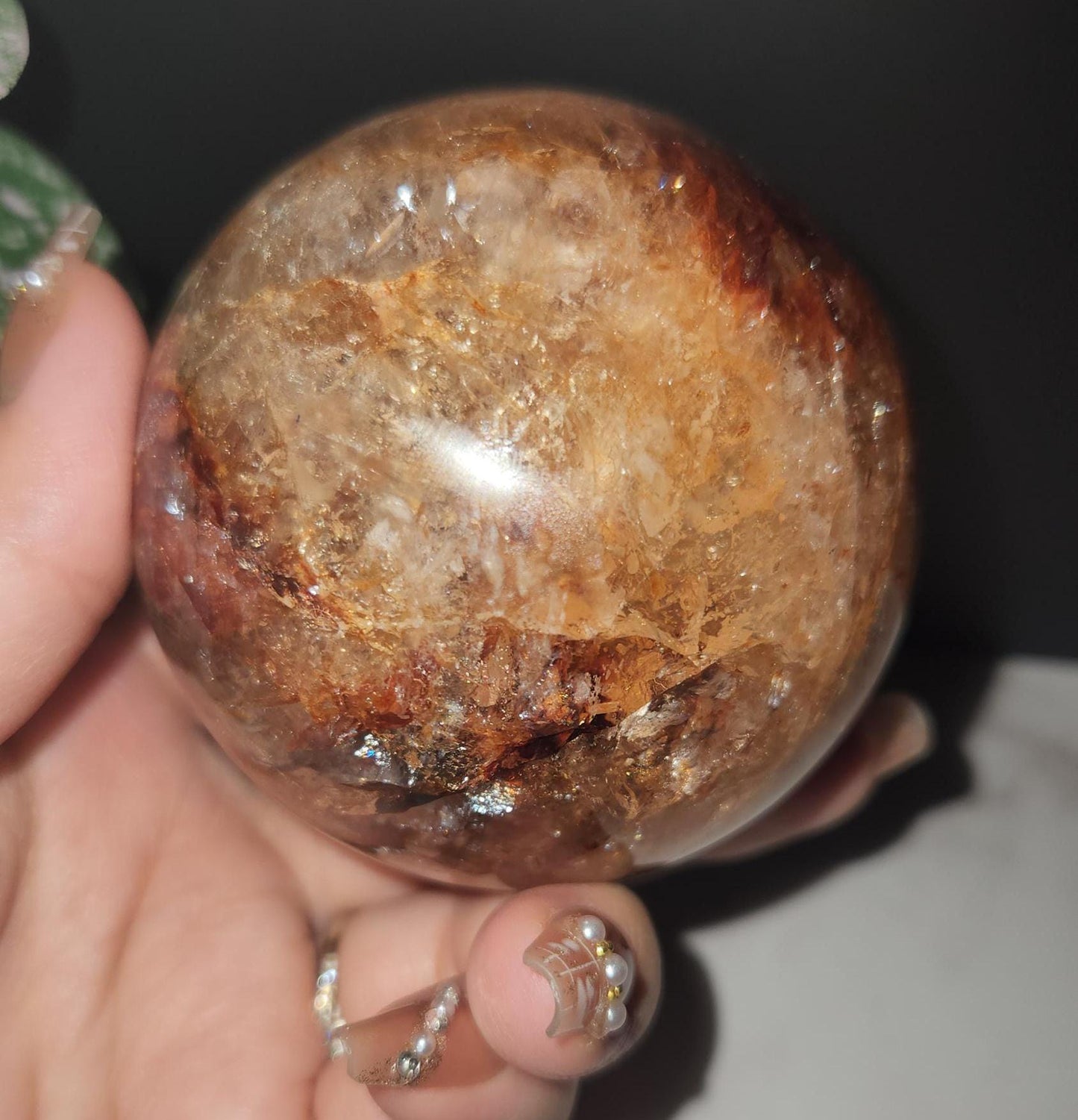 High quality natural dark fire quartz sphere with rainbows, Hematoid inclusions, Hematoid quartz, 84D, 70.9mm