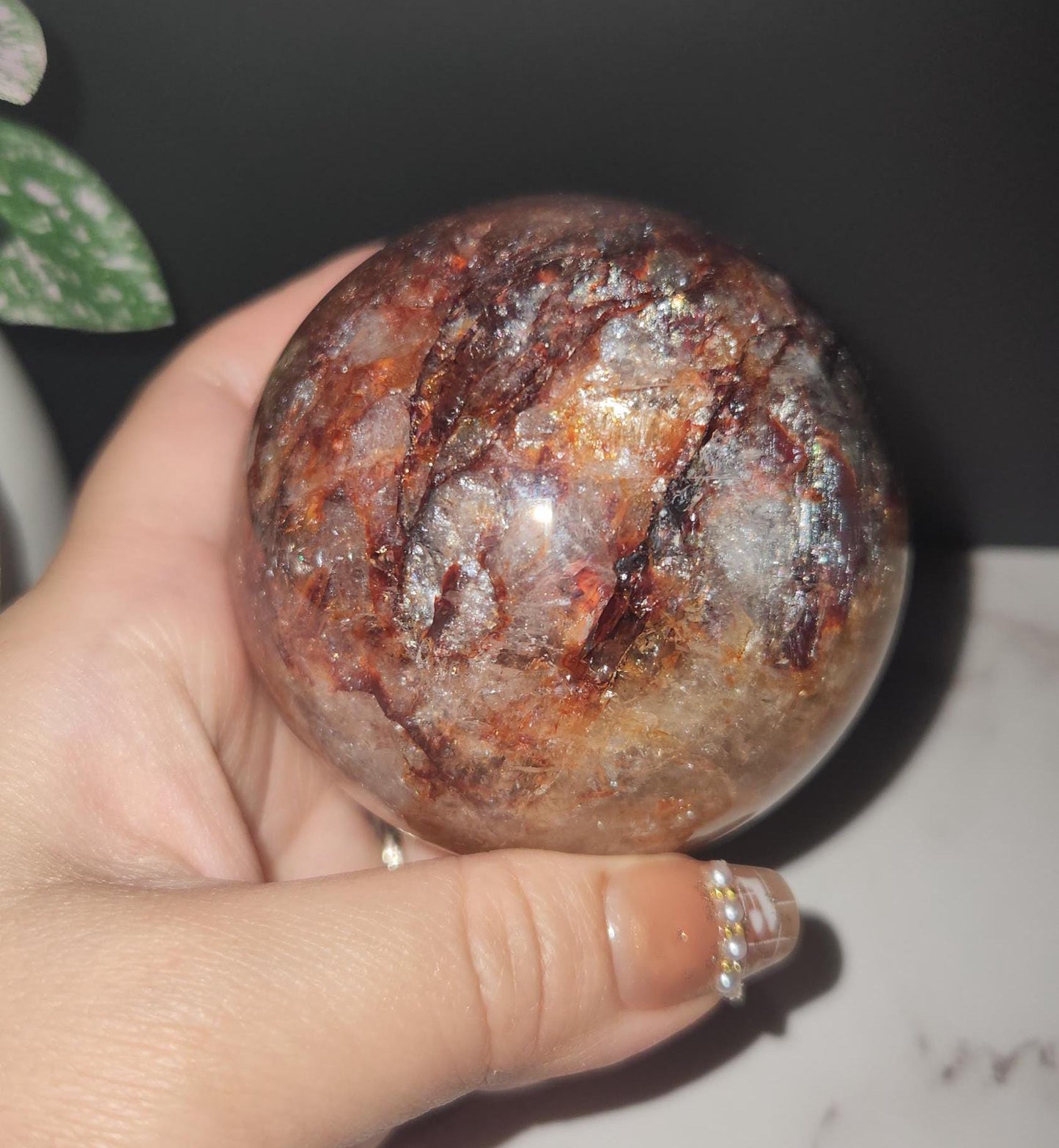 High quality natural dark fire quartz sphere with rainbows, Hematoid inclusions, Hematoid quartz, 84D, 70.9mm